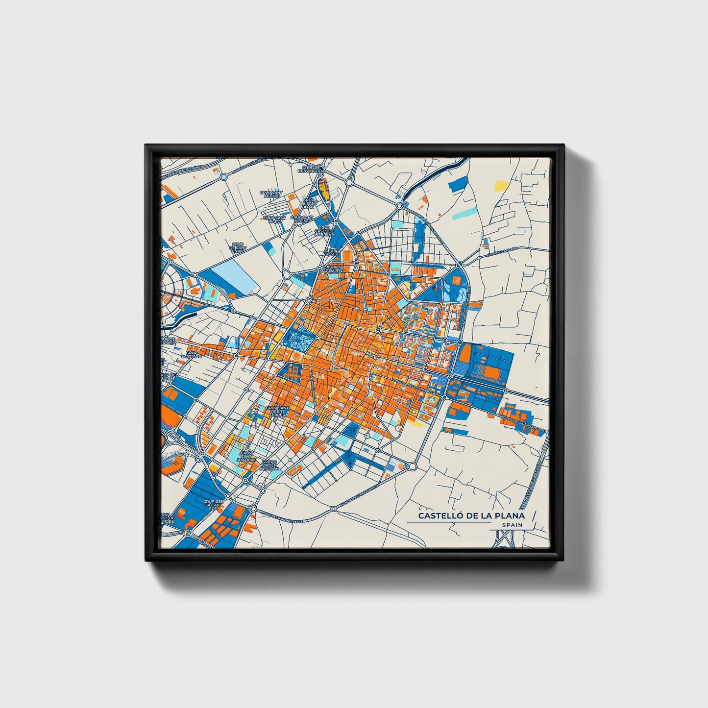 Castelló De La Plana Spain Colorful City Map Canvas Print • Black Framed