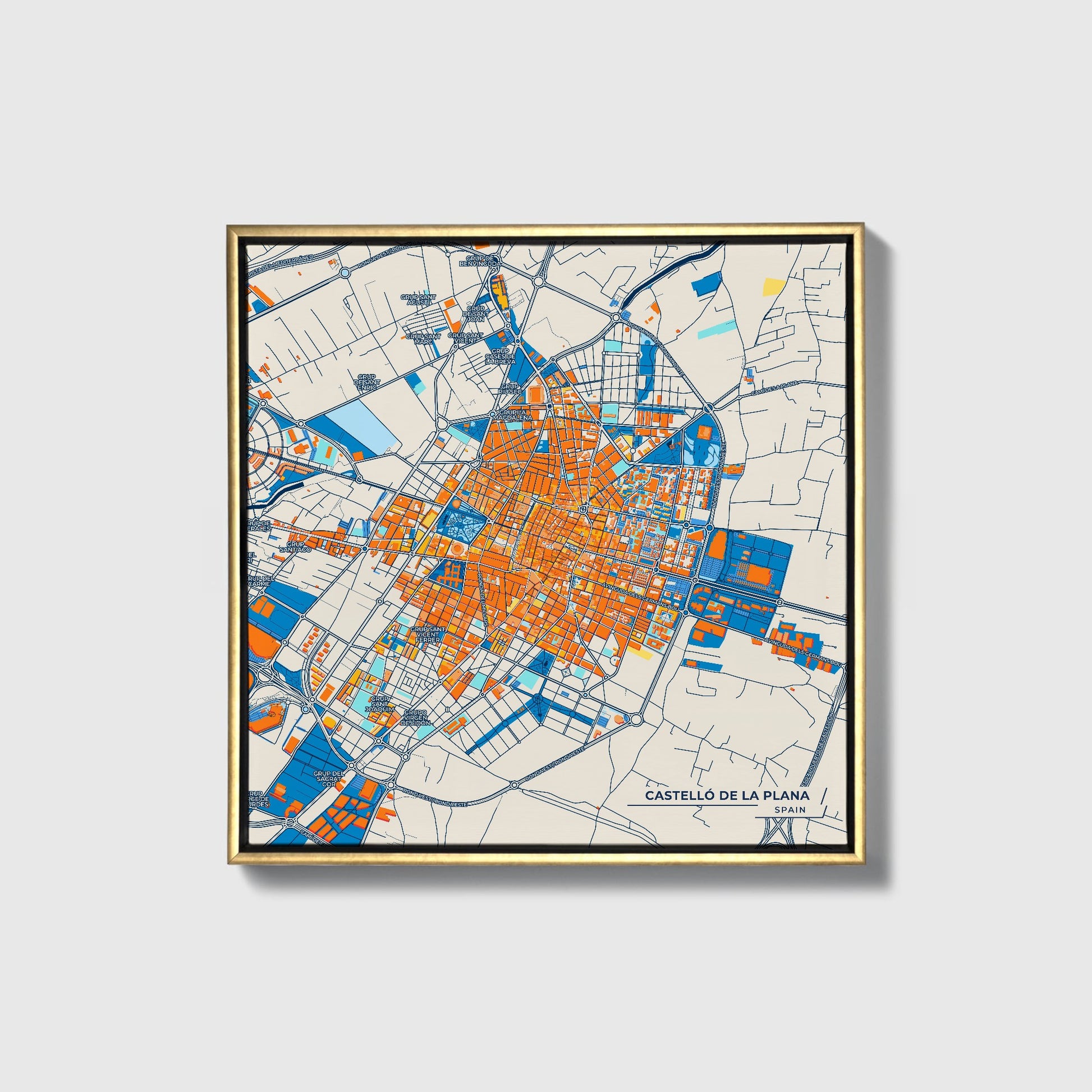 Castelló De La Plana Spain Colorful City Map Canvas Print • Gold Framed