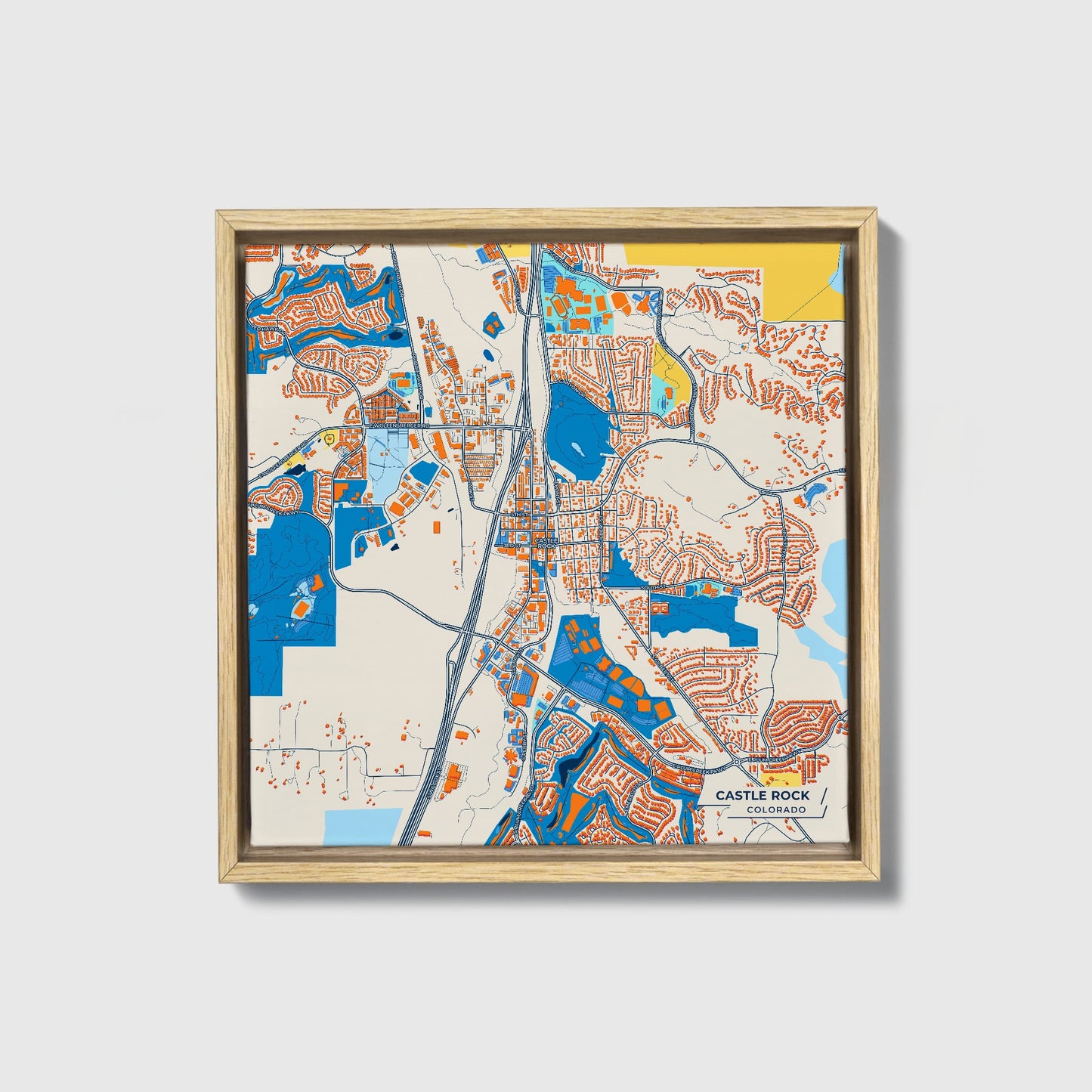 Castle Rock Colorado Colorful City Map Canvas Print • Natural Wooden Framed