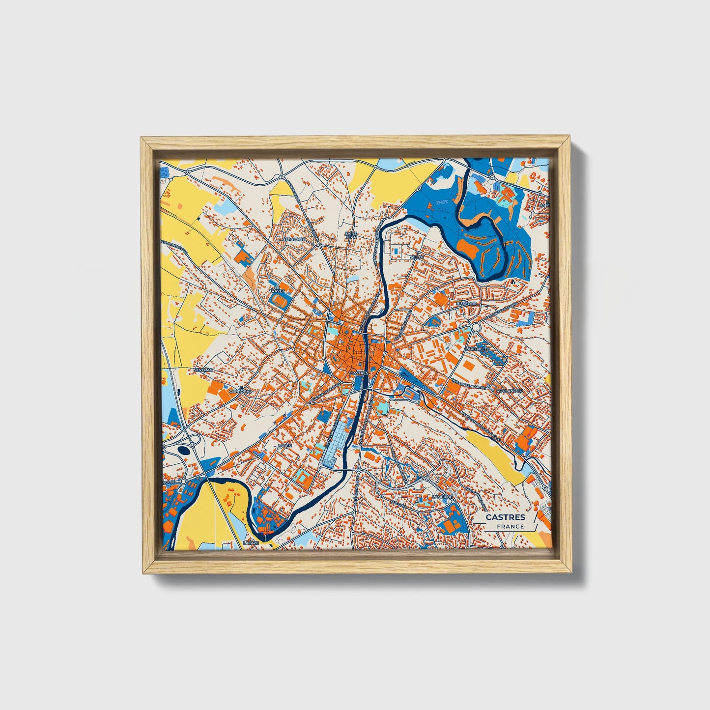 Castres France Colorful City Map Canvas Print • Natural Wooden Framed