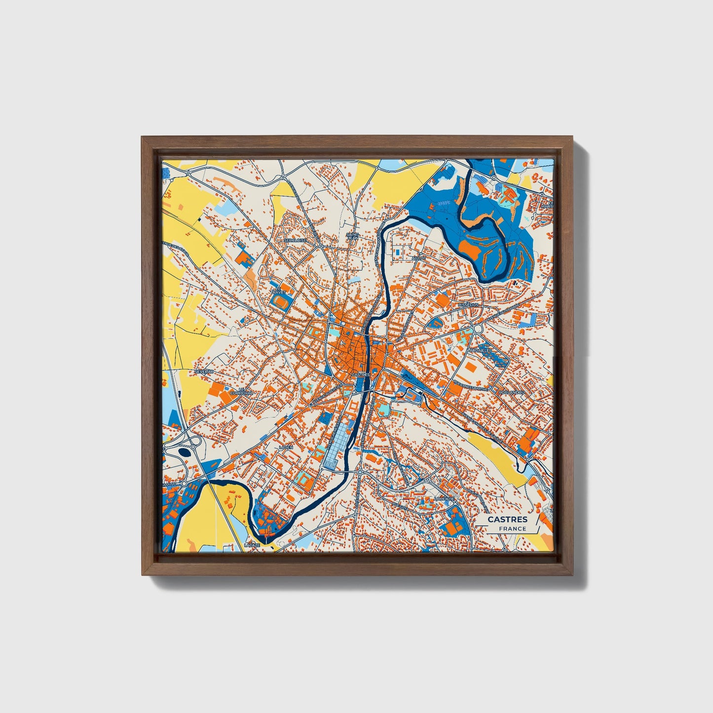 Castres France Colorful City Map Canvas Print • Dark Wooden Framed