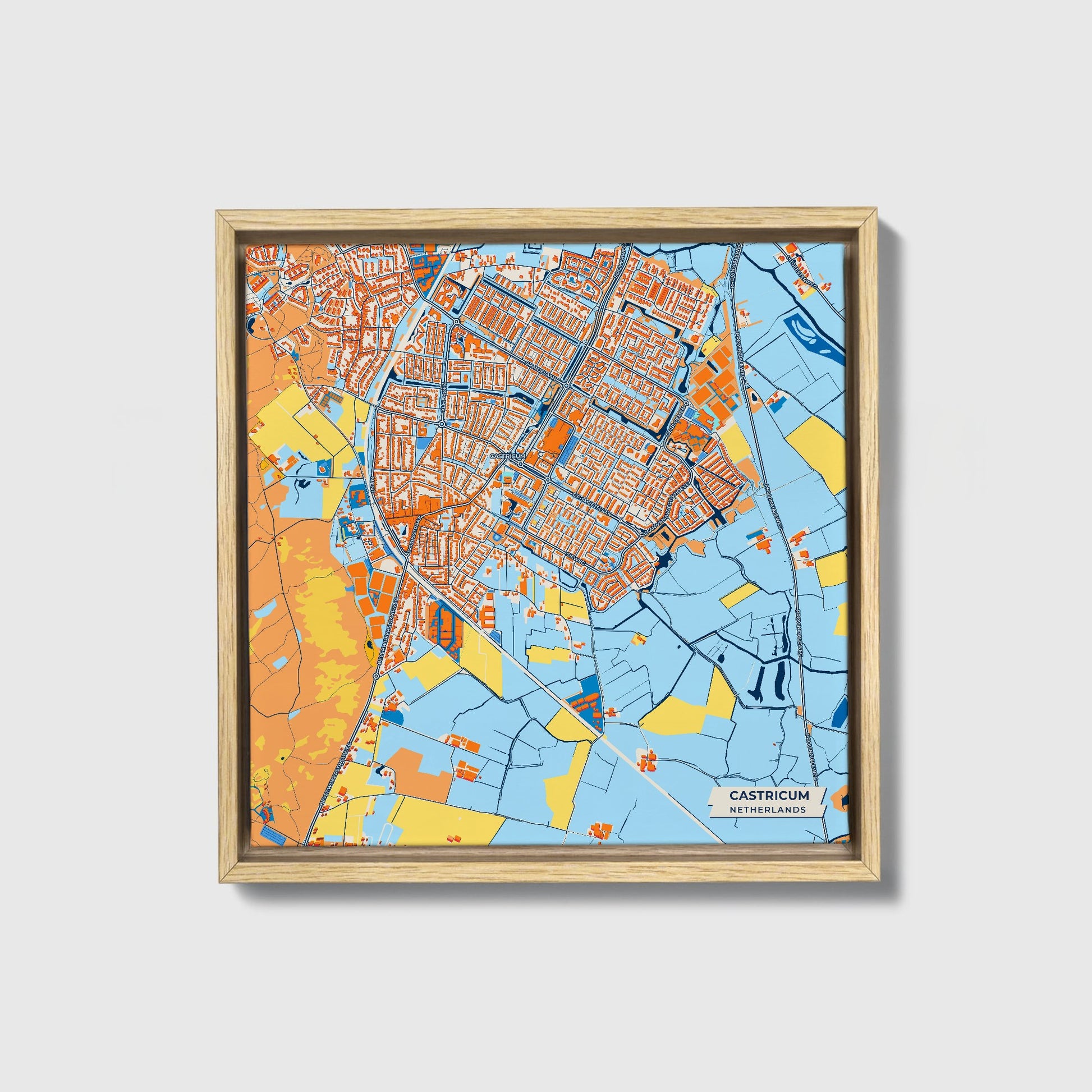 Castricum Netherlands Colorful City Map Canvas Print • Natural Wooden Framed
