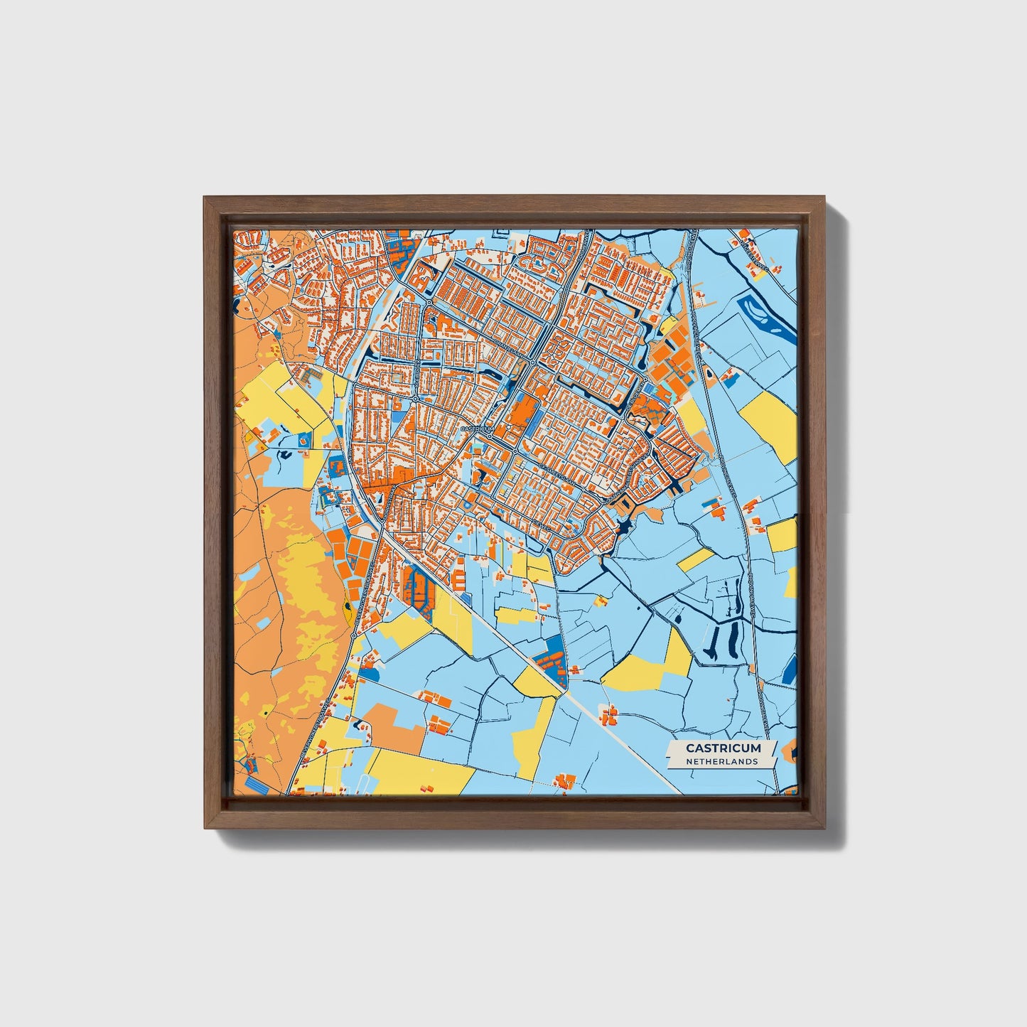 Castricum Netherlands Colorful City Map Canvas Print • Dark Wooden Framed