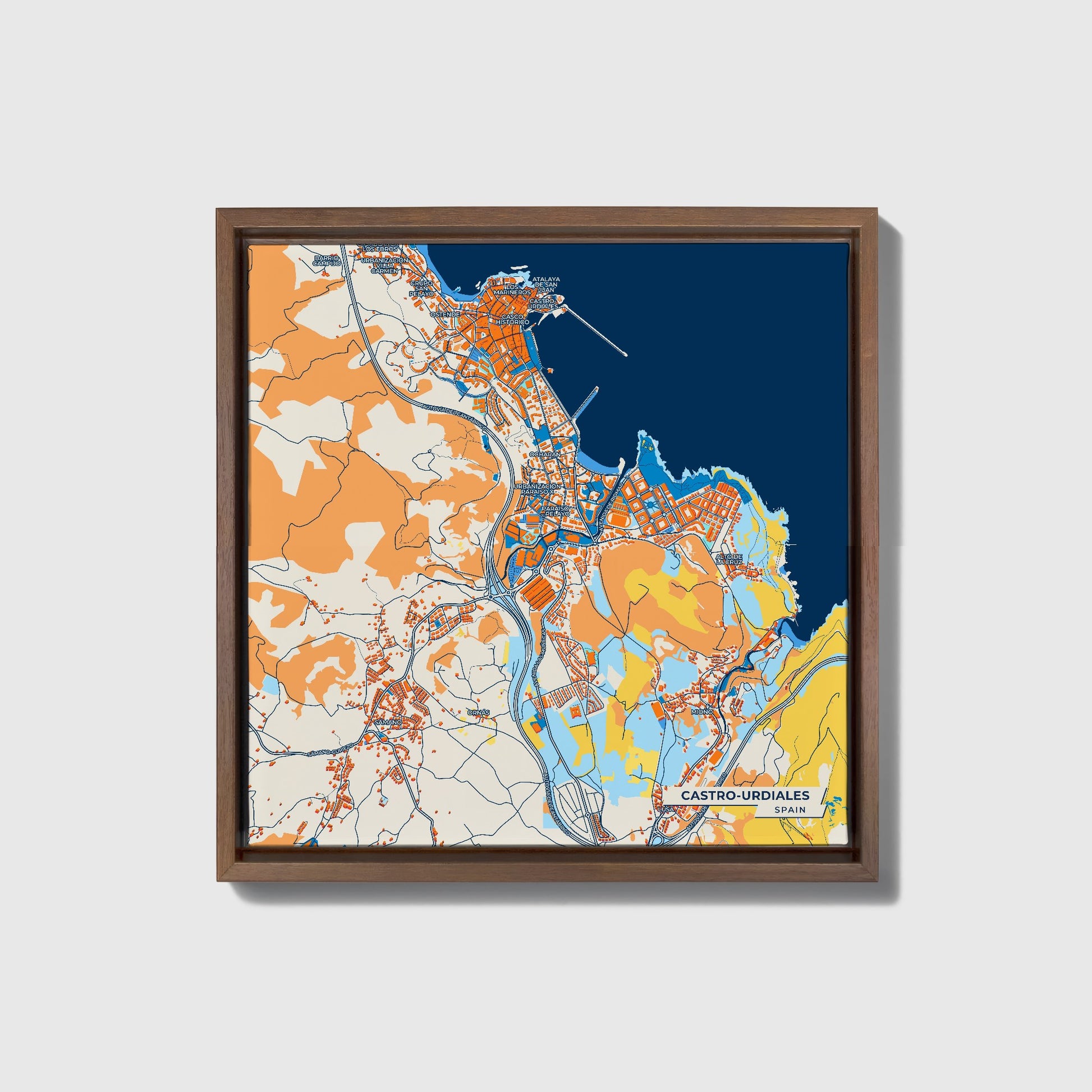 Castro-Urdiales Spain Colorful City Map Canvas Print • Dark Wooden Framed