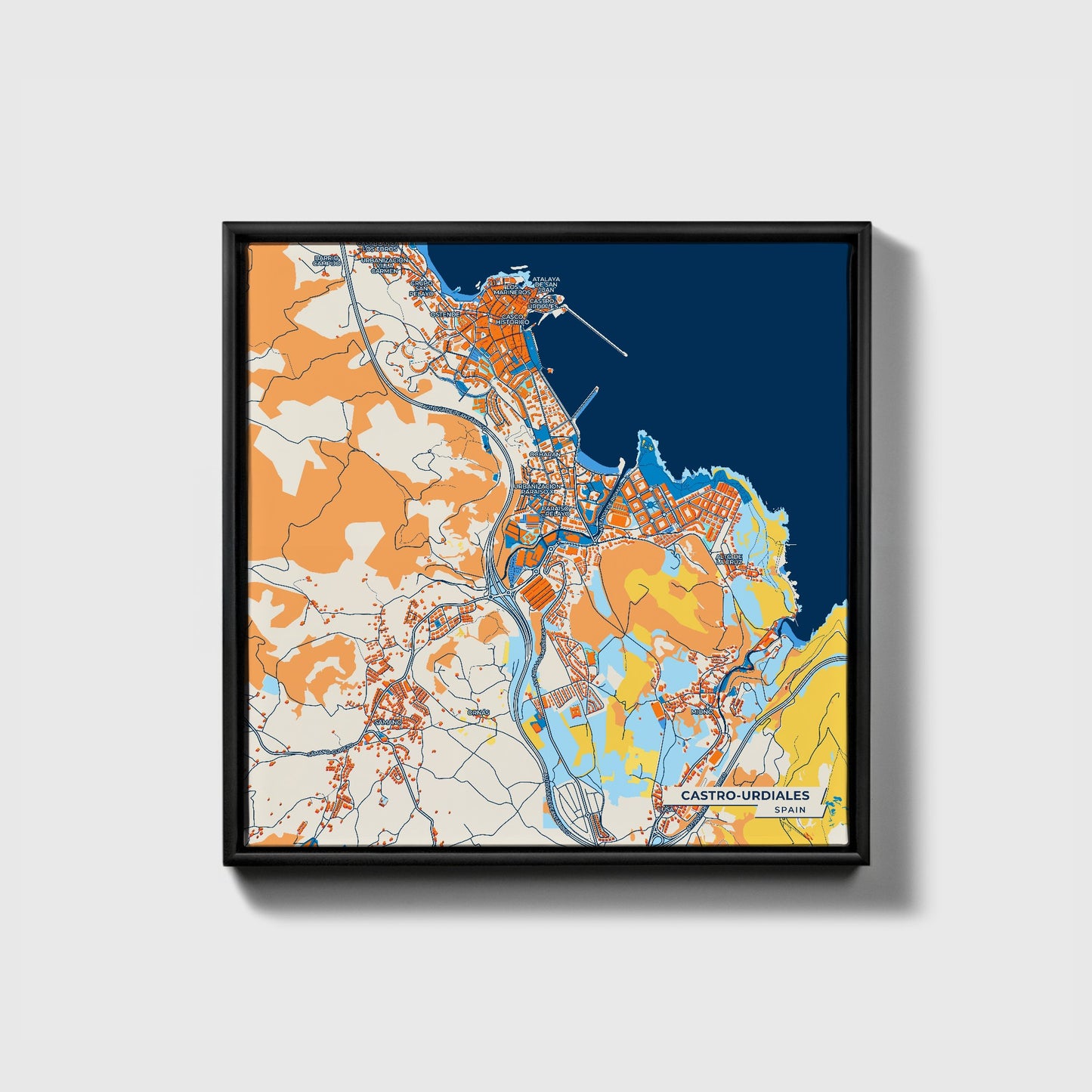 Castro-Urdiales Spain Colorful City Map Canvas Print • Black Framed