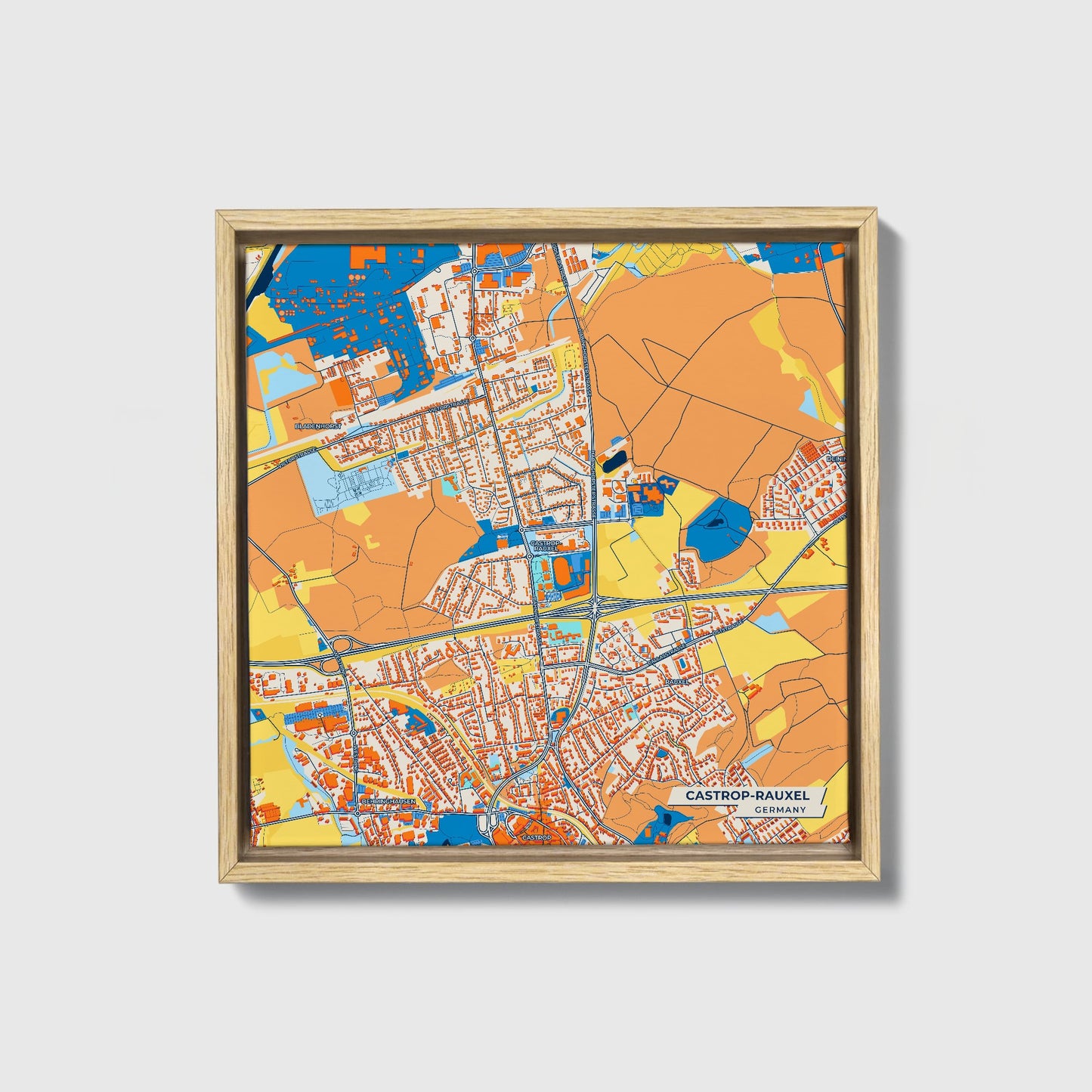 Castrop-Rauxel Germany Colorful City Map Canvas Print • Natural Wooden Framed