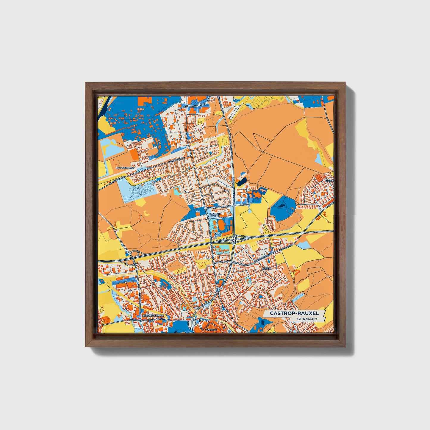 Castrop-Rauxel Germany Colorful City Map Canvas Print • Dark Wooden Framed