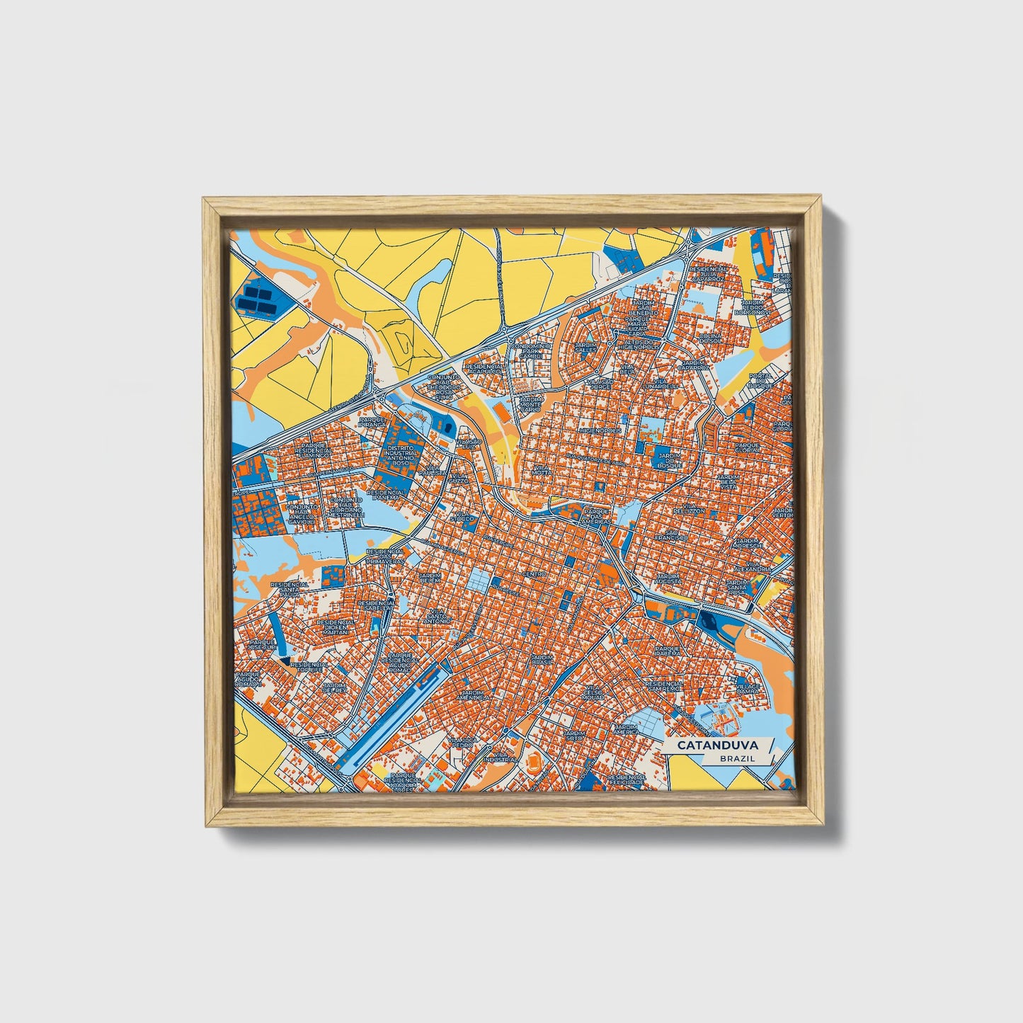 Catanduva Brazil Colorful City Map Canvas Print • Natural Wooden Framed