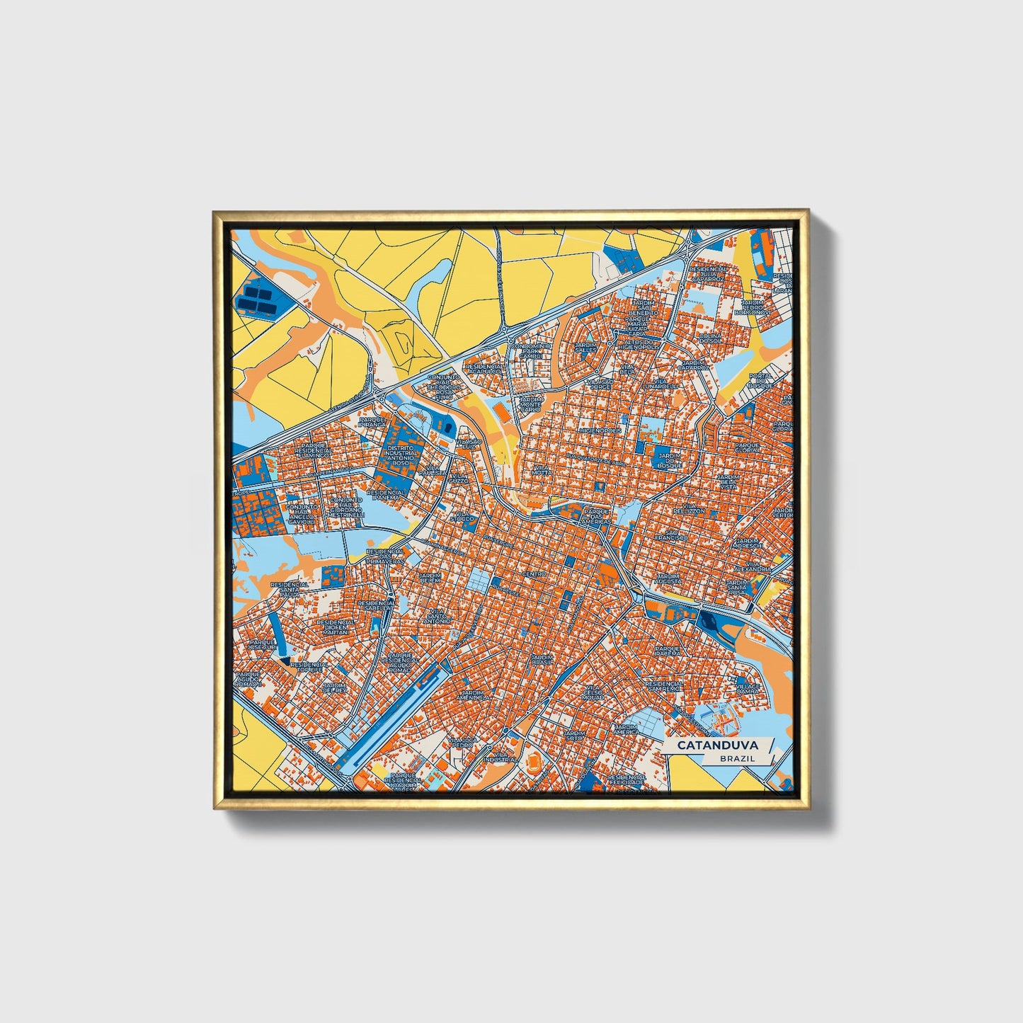 Catanduva Brazil Colorful City Map Canvas Print • Gold Framed