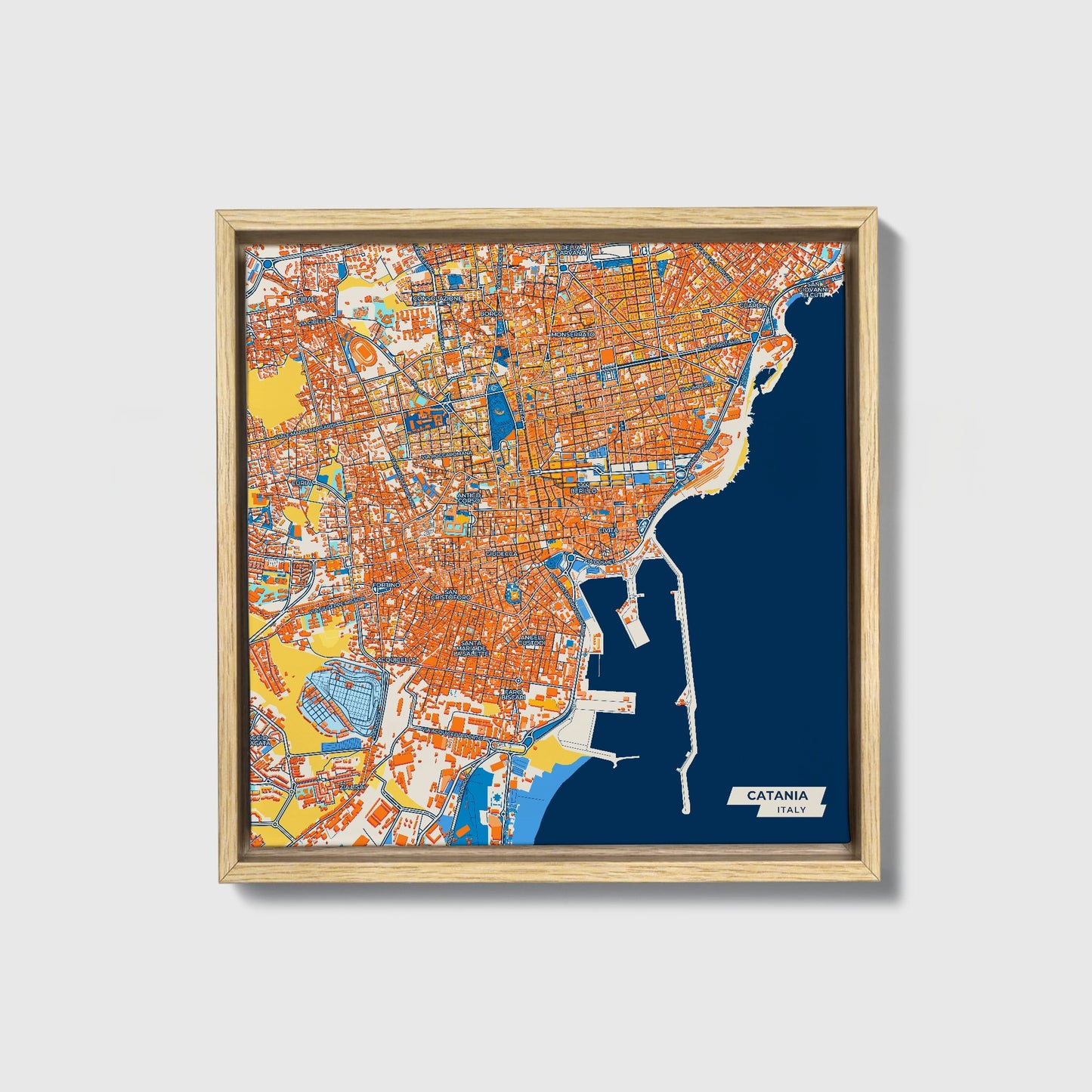 Catania  Italy Colorful City Map Canvas Print • Natural Wooden Framed
