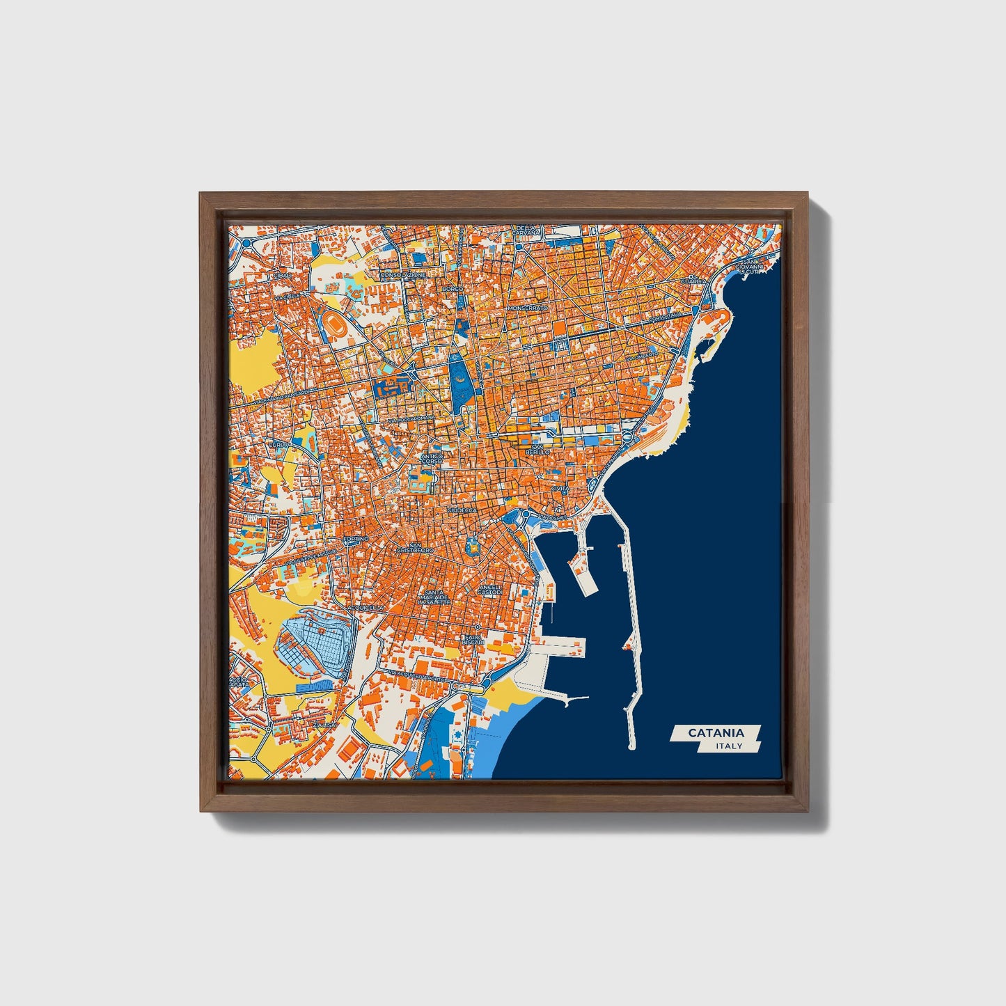 Catania  Italy Colorful City Map Canvas Print • Dark Wooden Framed