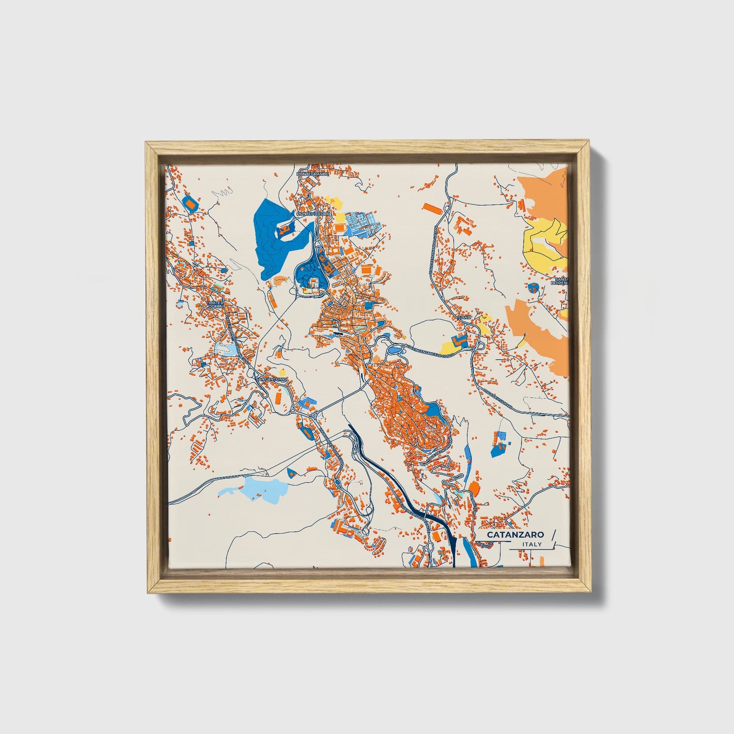 Catanzaro Italy Colorful City Map Canvas Print • Natural Wooden Framed