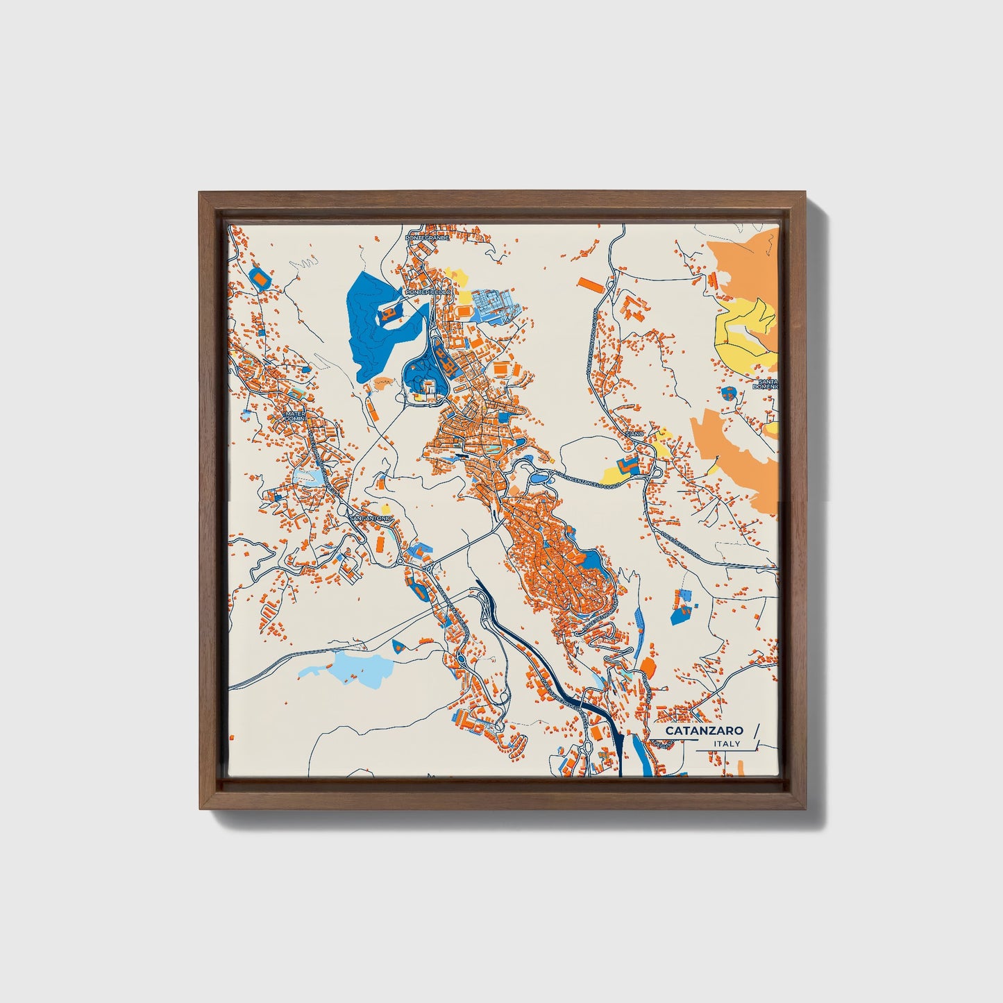Catanzaro Italy Colorful City Map Canvas Print • Dark Wooden Framed