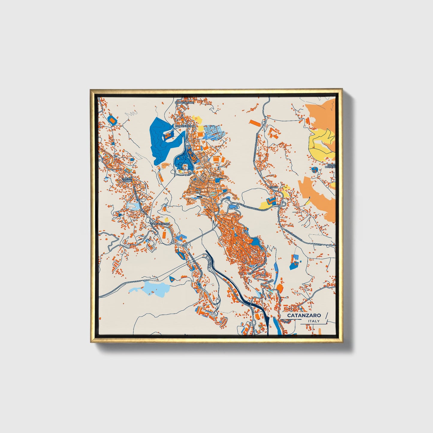 Catanzaro Italy Colorful City Map Canvas Print • Gold Framed