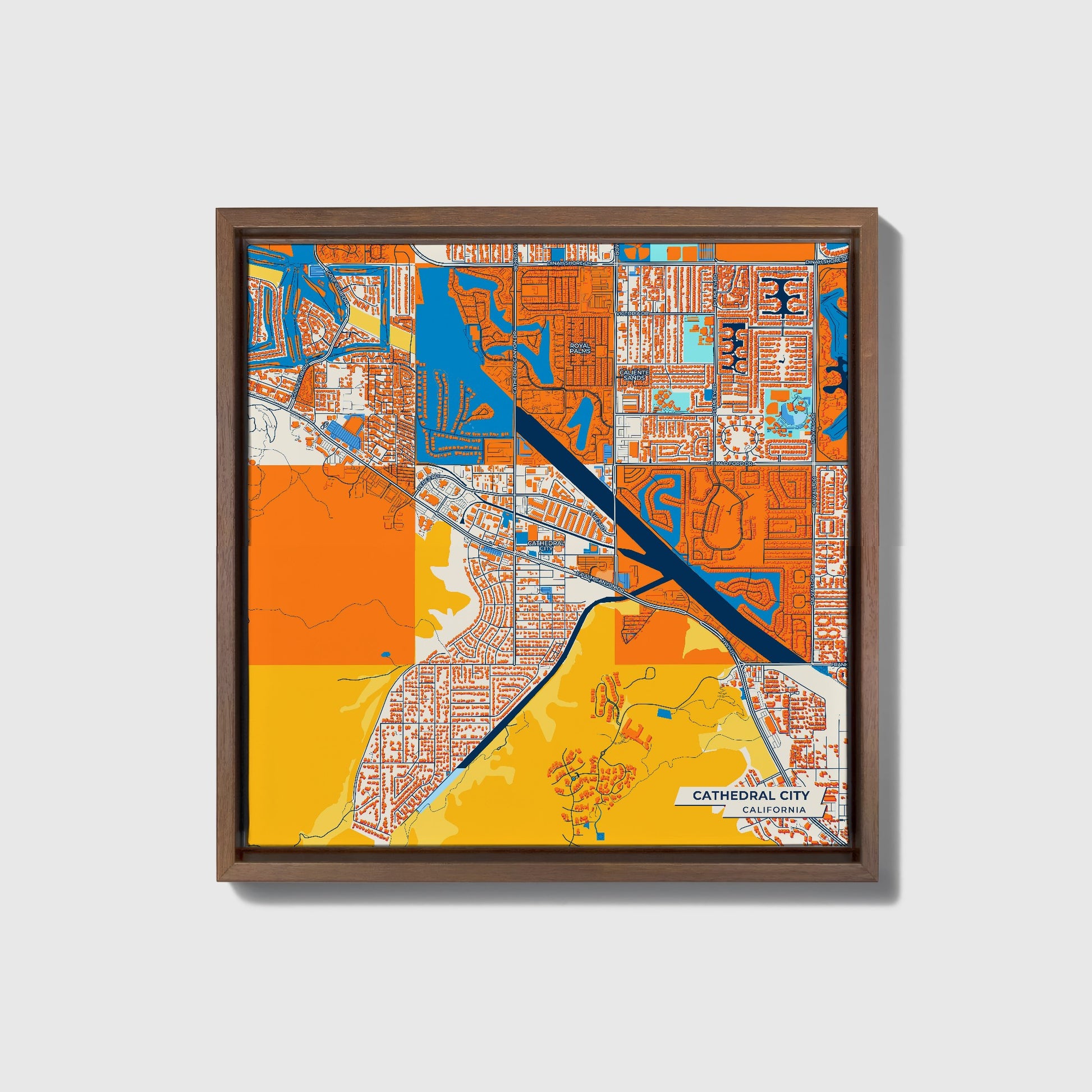 Cathedral City California Colorful City Map Canvas Print • Dark Wooden Framed