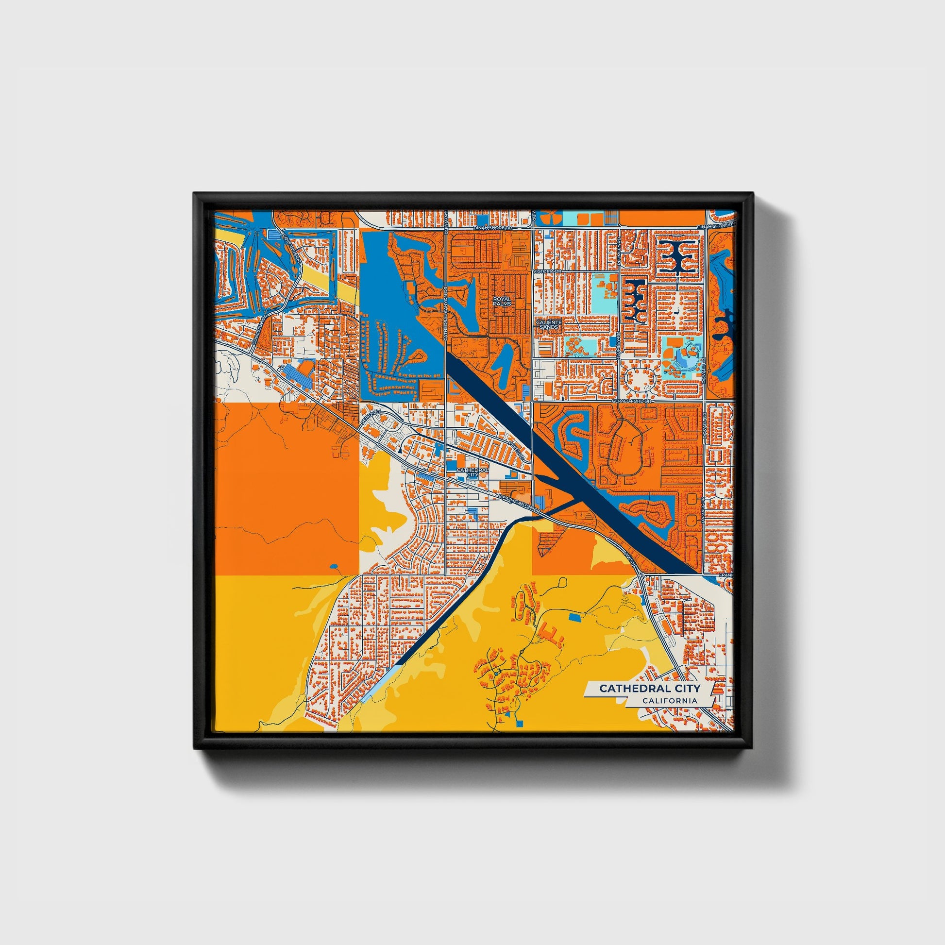 Cathedral City California Colorful City Map Canvas Print • Black Framed