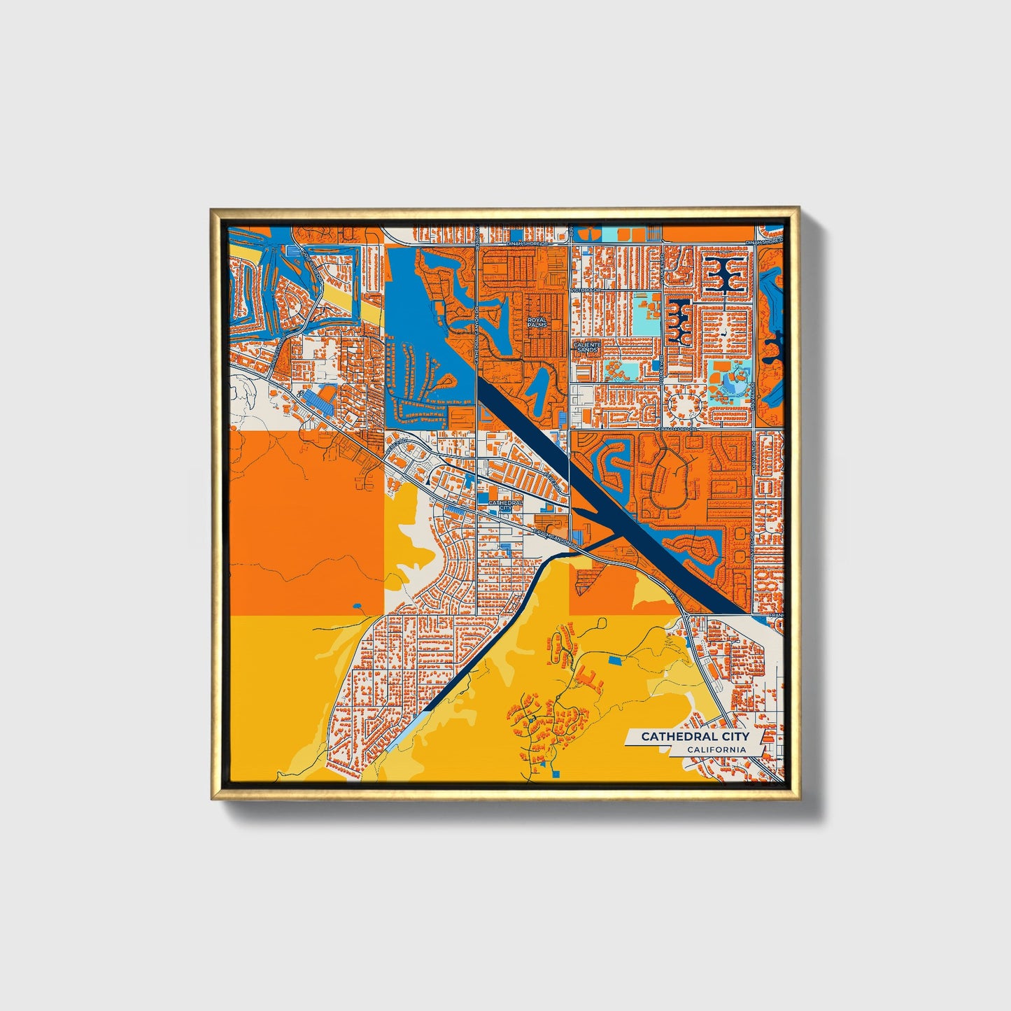 Cathedral City California Colorful City Map Canvas Print • Gold Framed