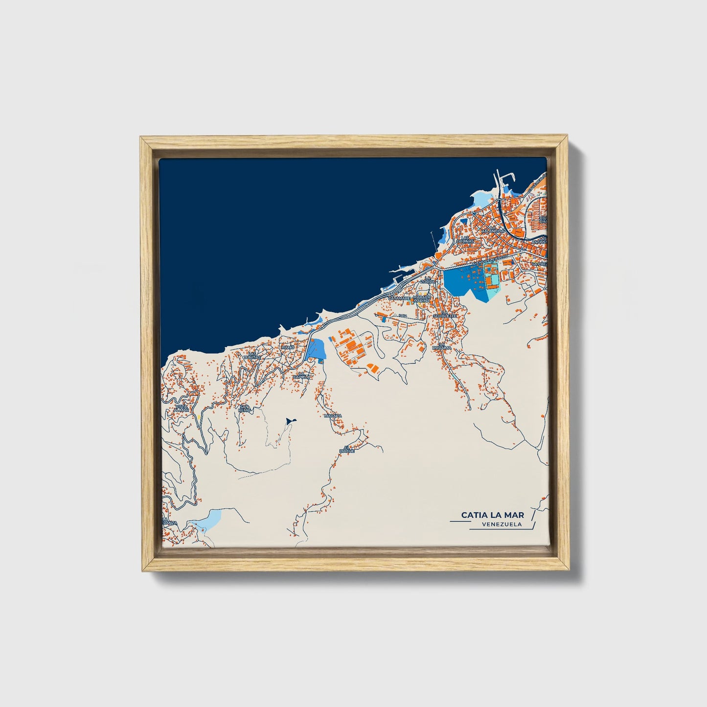 Catia La Mar Venezuela Colorful City Map Canvas Print • Natural Wooden Framed