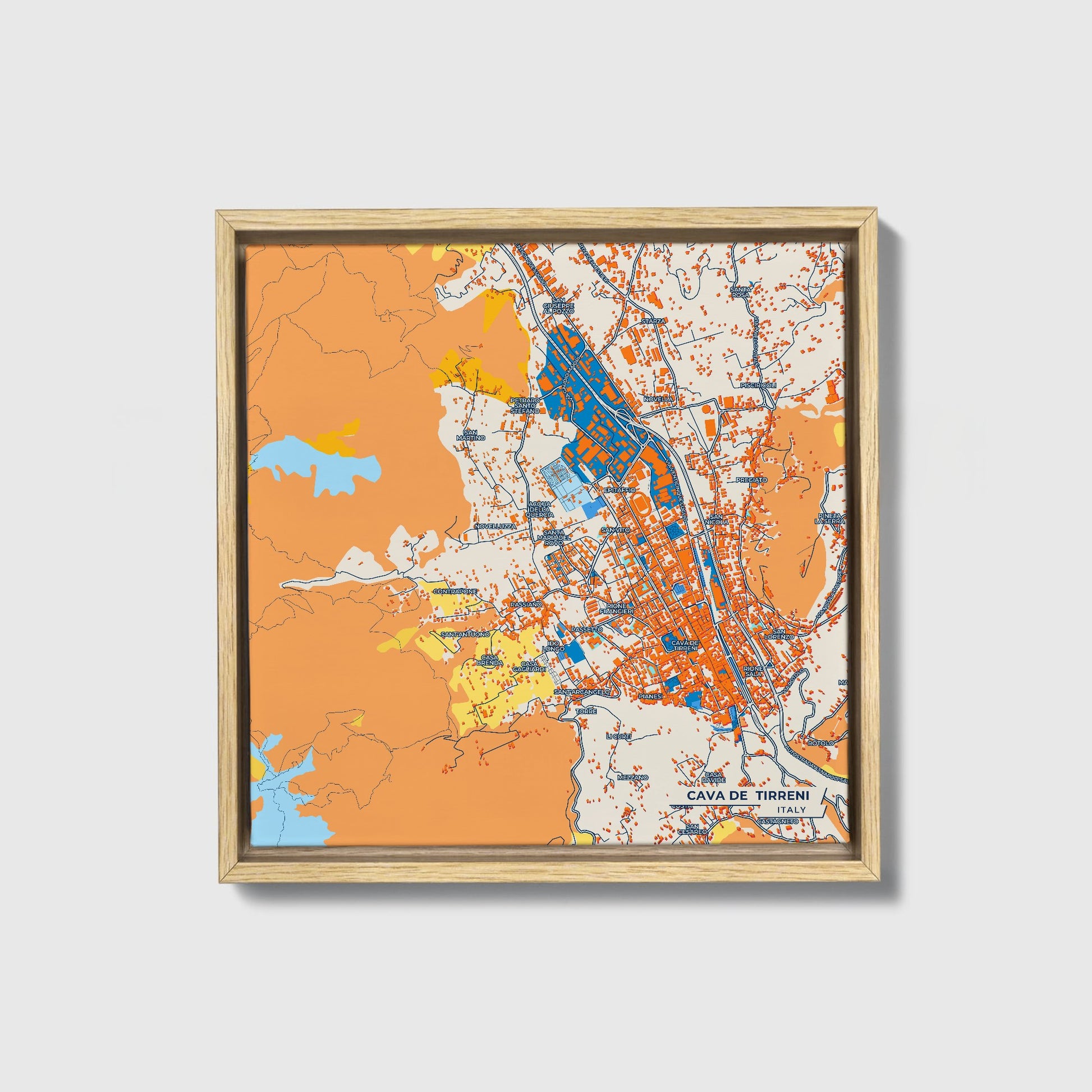 Cava De  Tirreni Italy Colorful City Map Canvas Print • Natural Wooden Framed