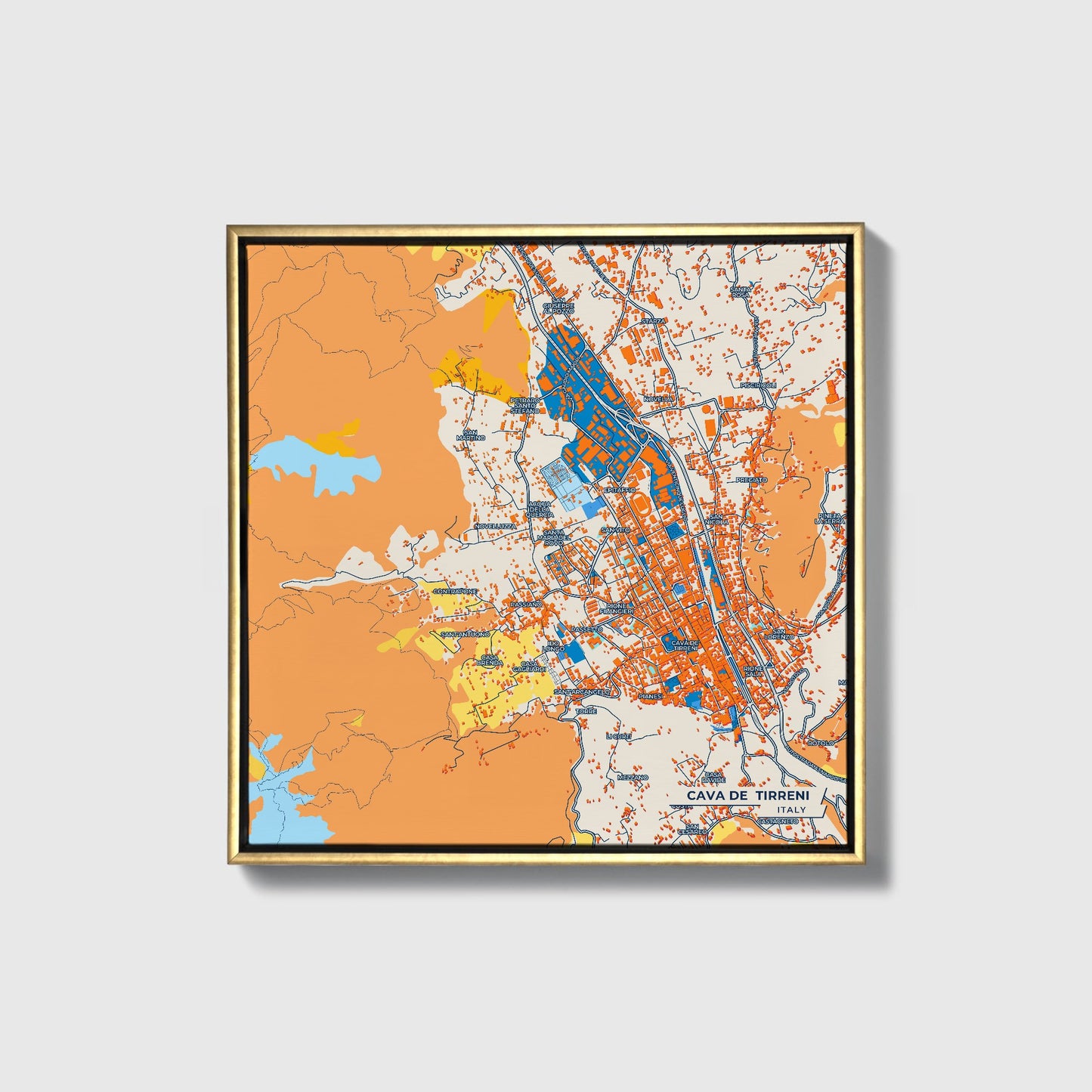 Cava De  Tirreni Italy Colorful City Map Canvas Print • Gold Framed