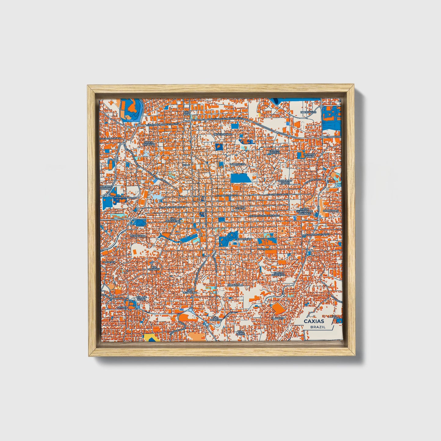 Caxias Brazil Colorful City Map Canvas Print • Natural Wooden Framed