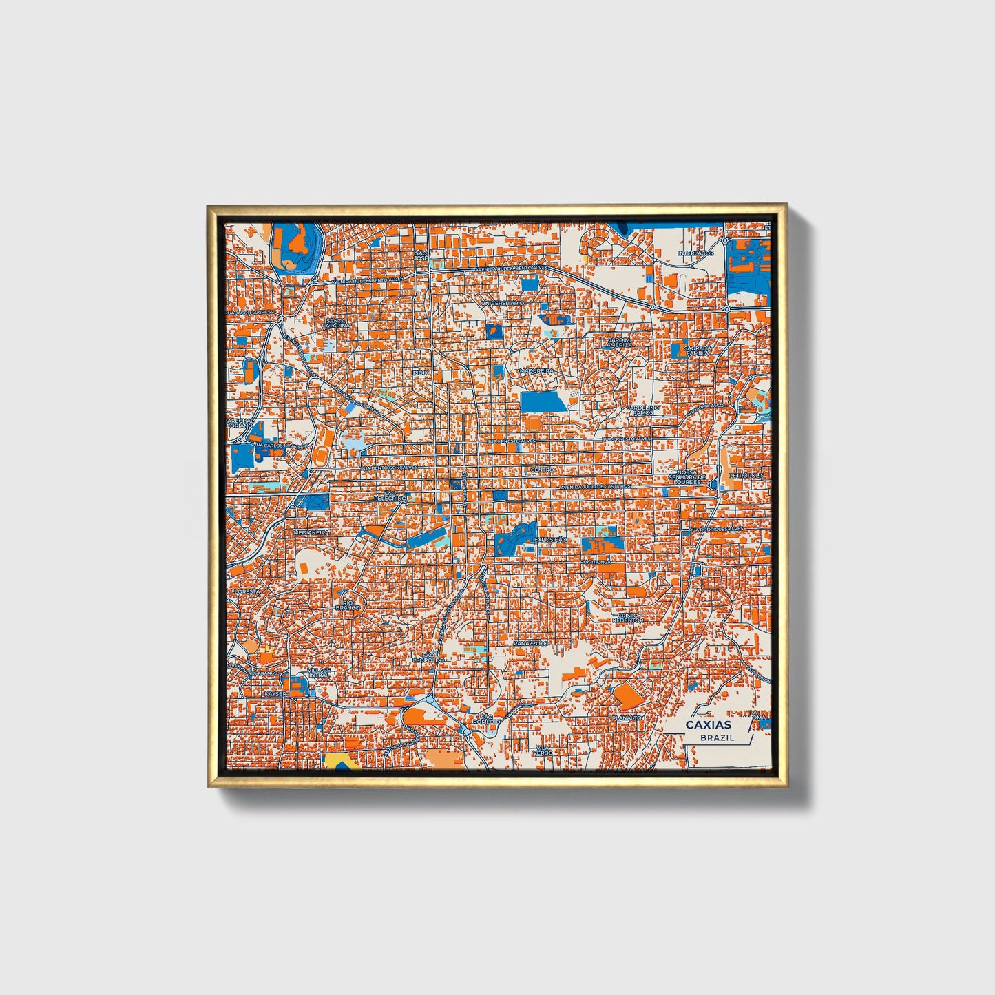 Caxias Brazil Colorful City Map Canvas Print • Gold Framed