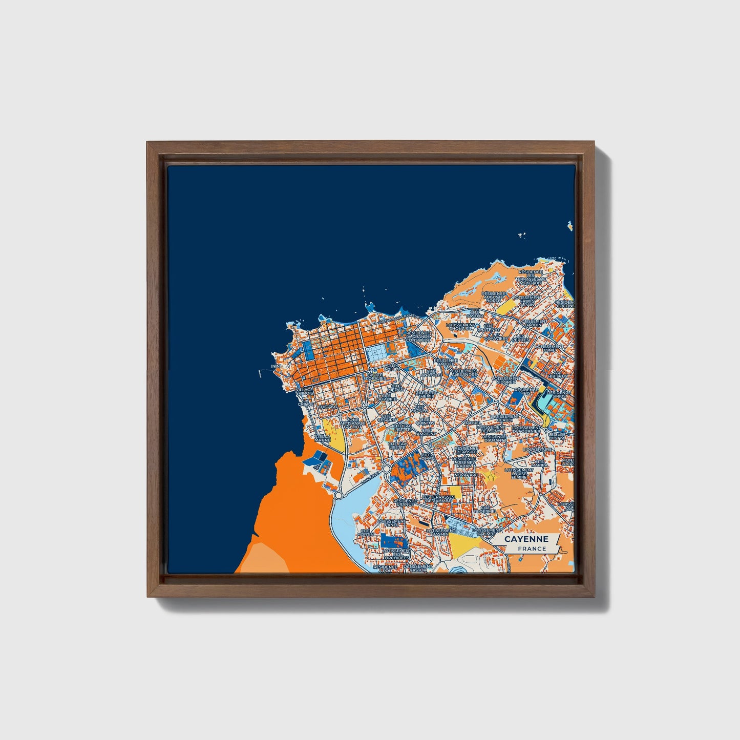 Cayenne France Colorful City Map Canvas Print • Dark Wooden Framed