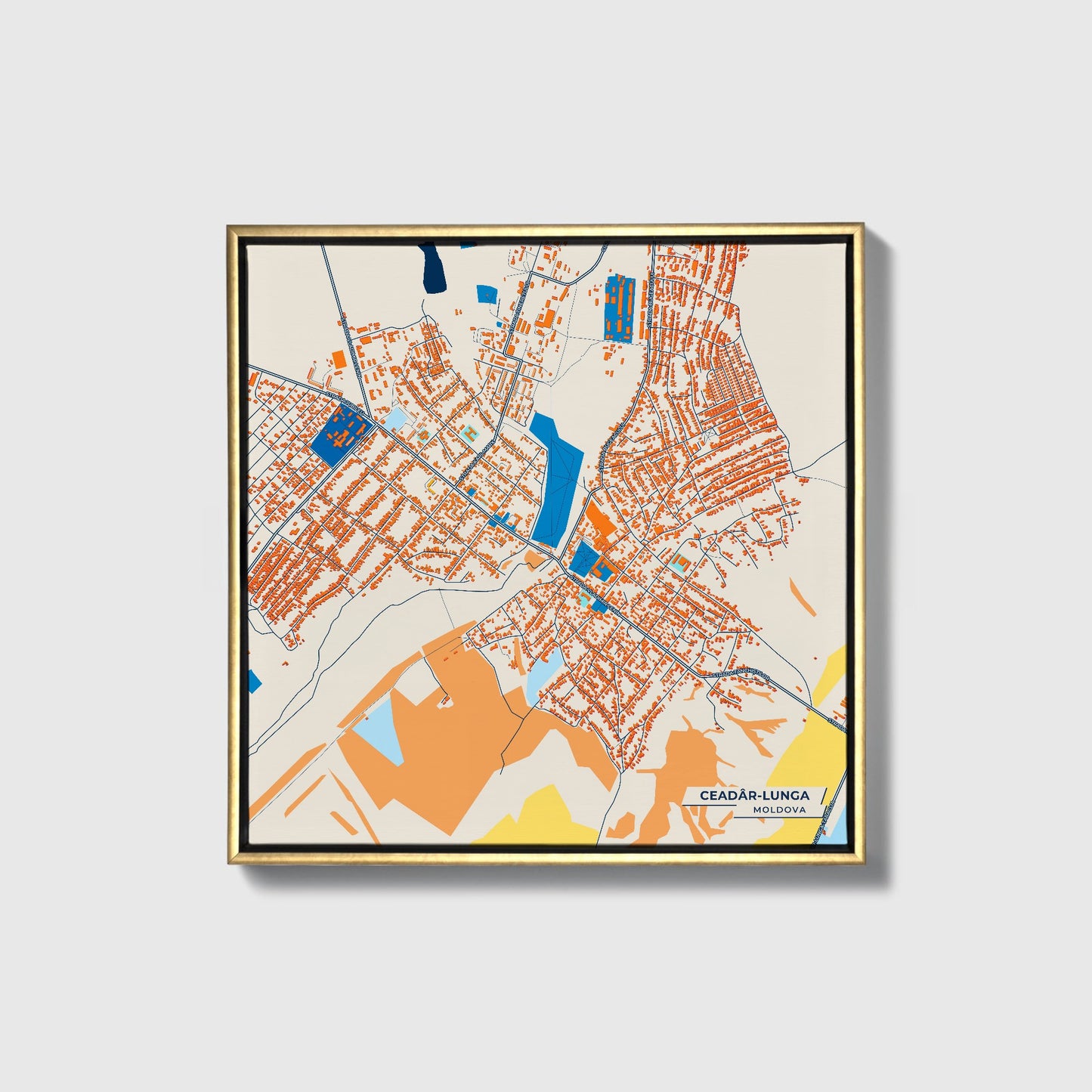 Ceadâr-Lunga Moldova Colorful City Map Canvas Print • Gold Framed