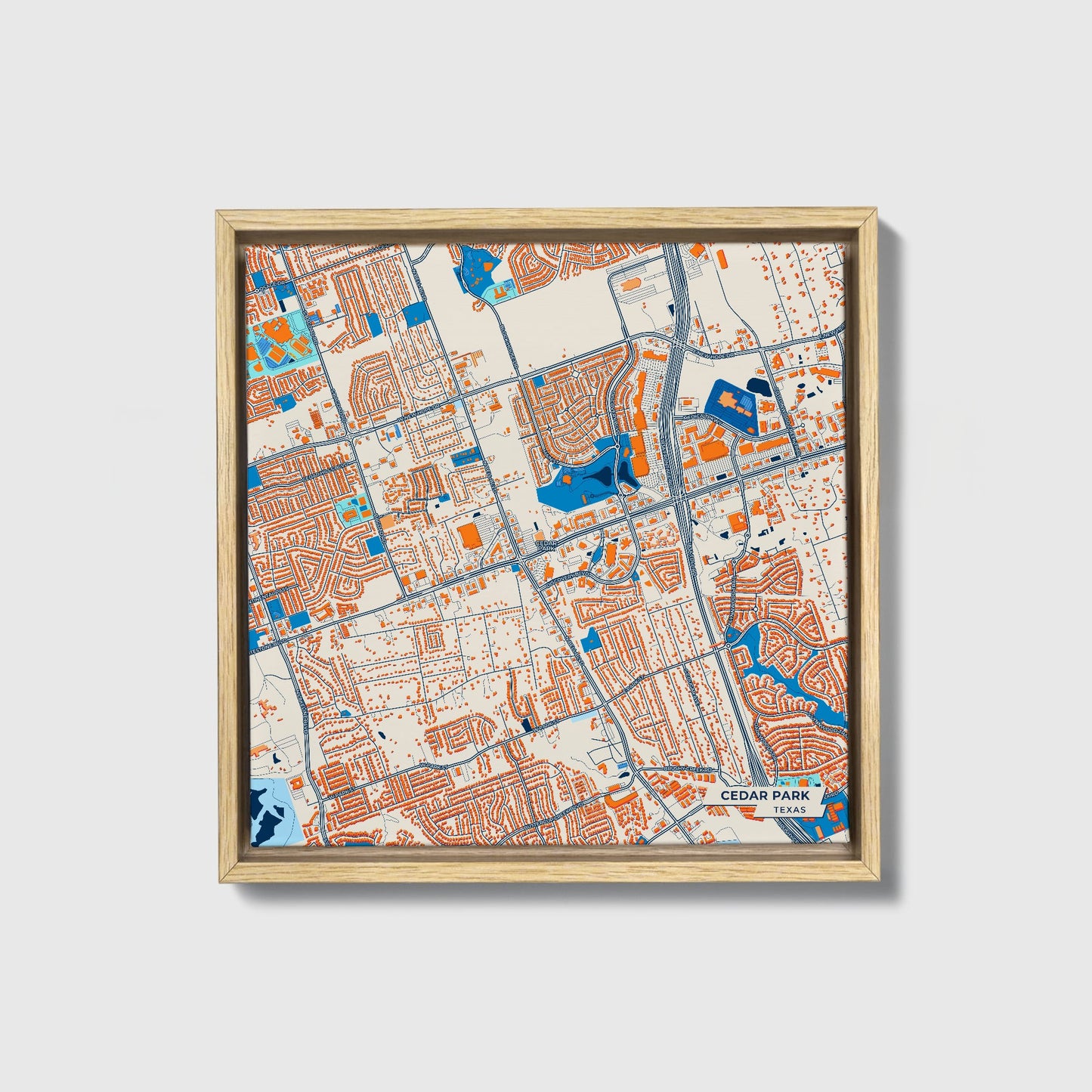 Cedar Park Texas Colorful City Map Canvas Print • Natural Wooden Framed