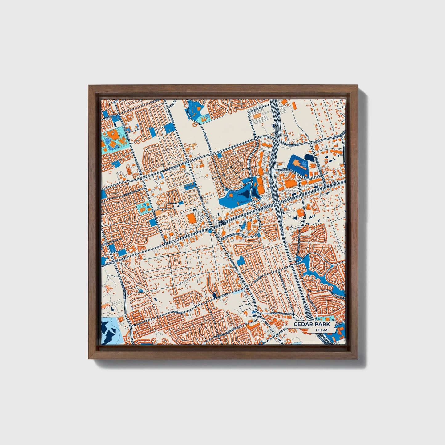 Cedar Park Texas Colorful City Map Canvas Print • Dark Wooden Framed