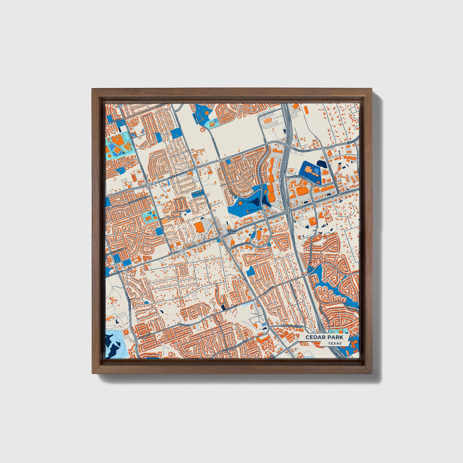 Cedar Park Texas Colorful City Map Canvas Print • Dark Wooden Framed