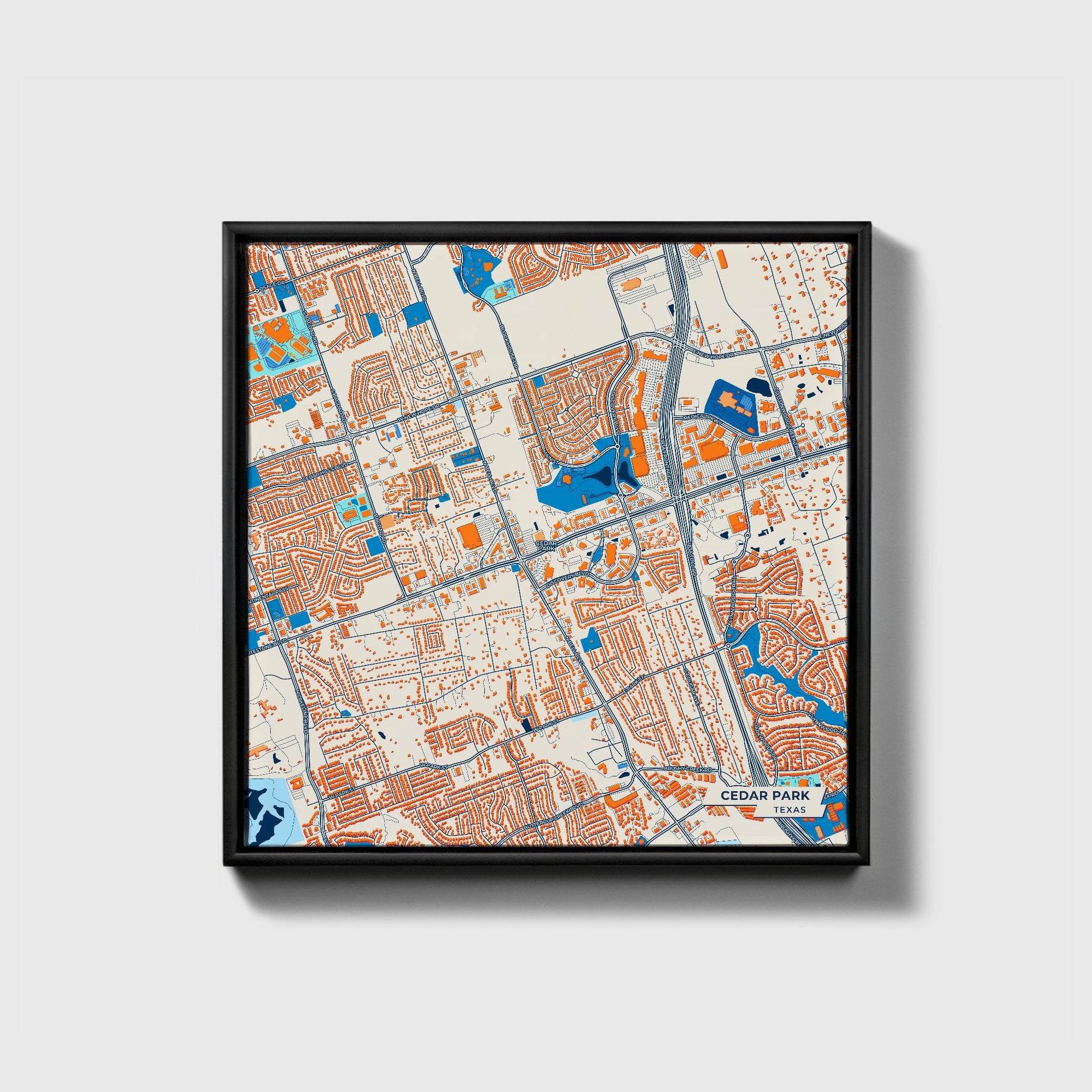 Cedar Park Texas Colorful City Map Canvas Print • Black Framed