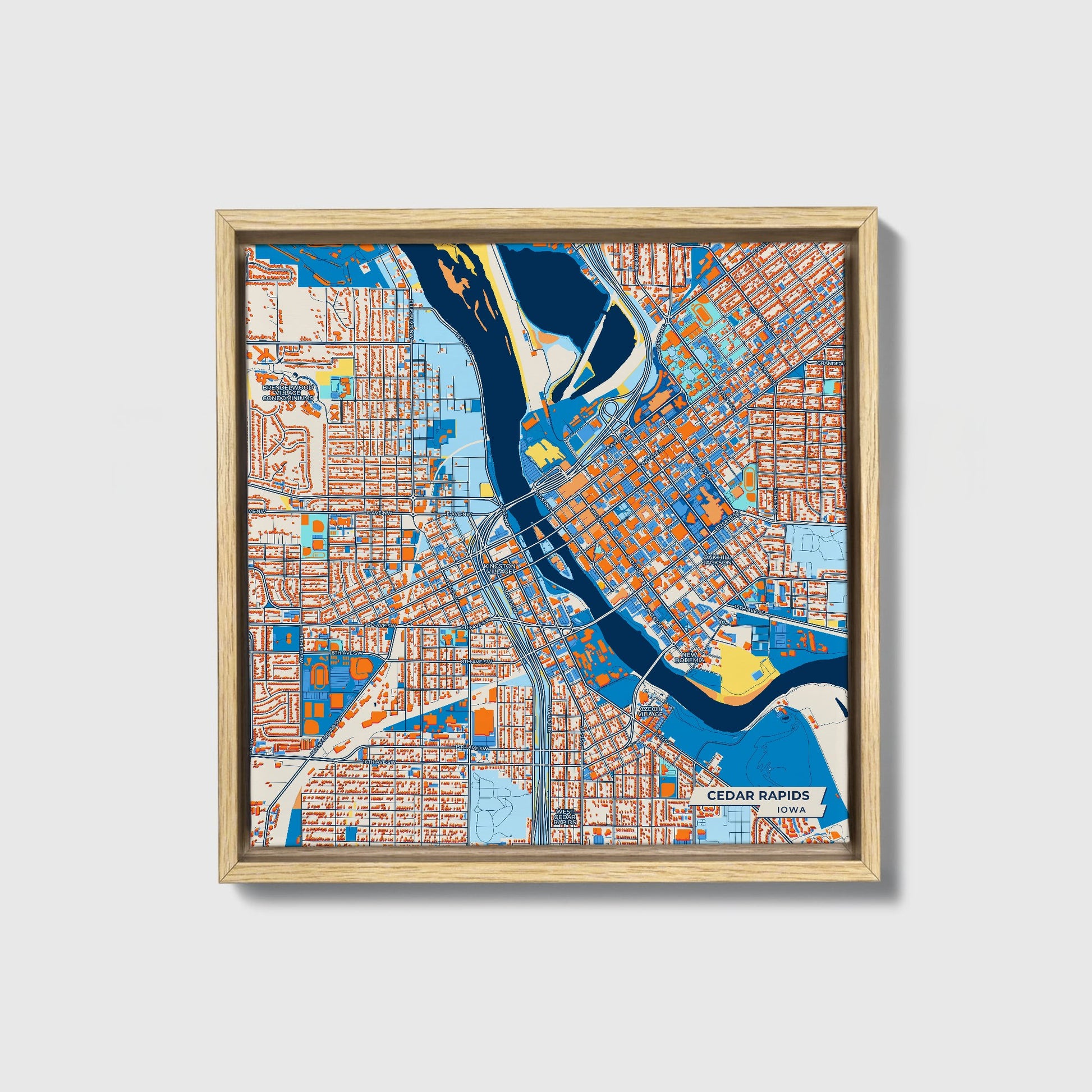 Cedar Rapids Iowa Colorful City Map Canvas Print • Natural Wooden Framed