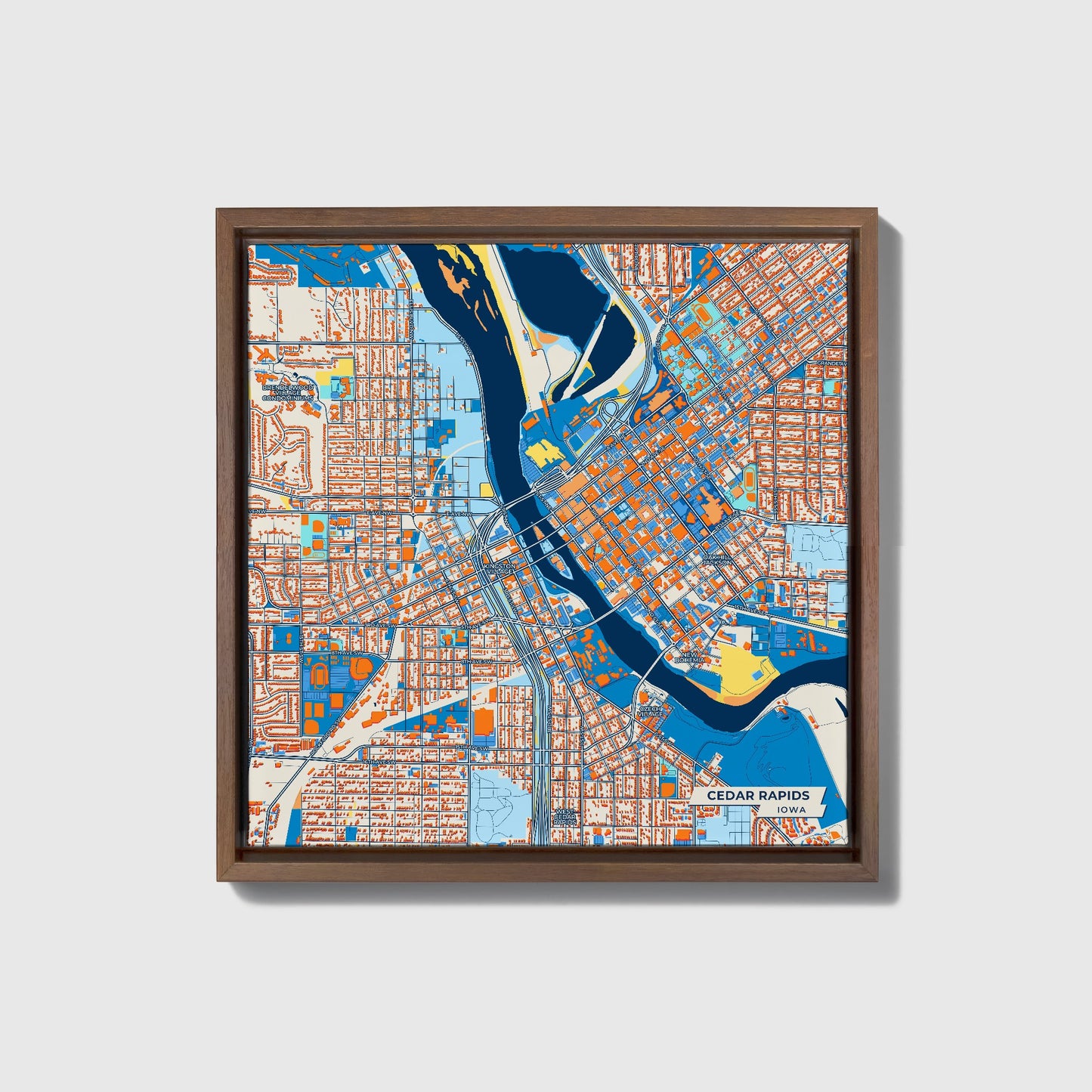Cedar Rapids Iowa Colorful City Map Canvas Print • Dark Wooden Framed