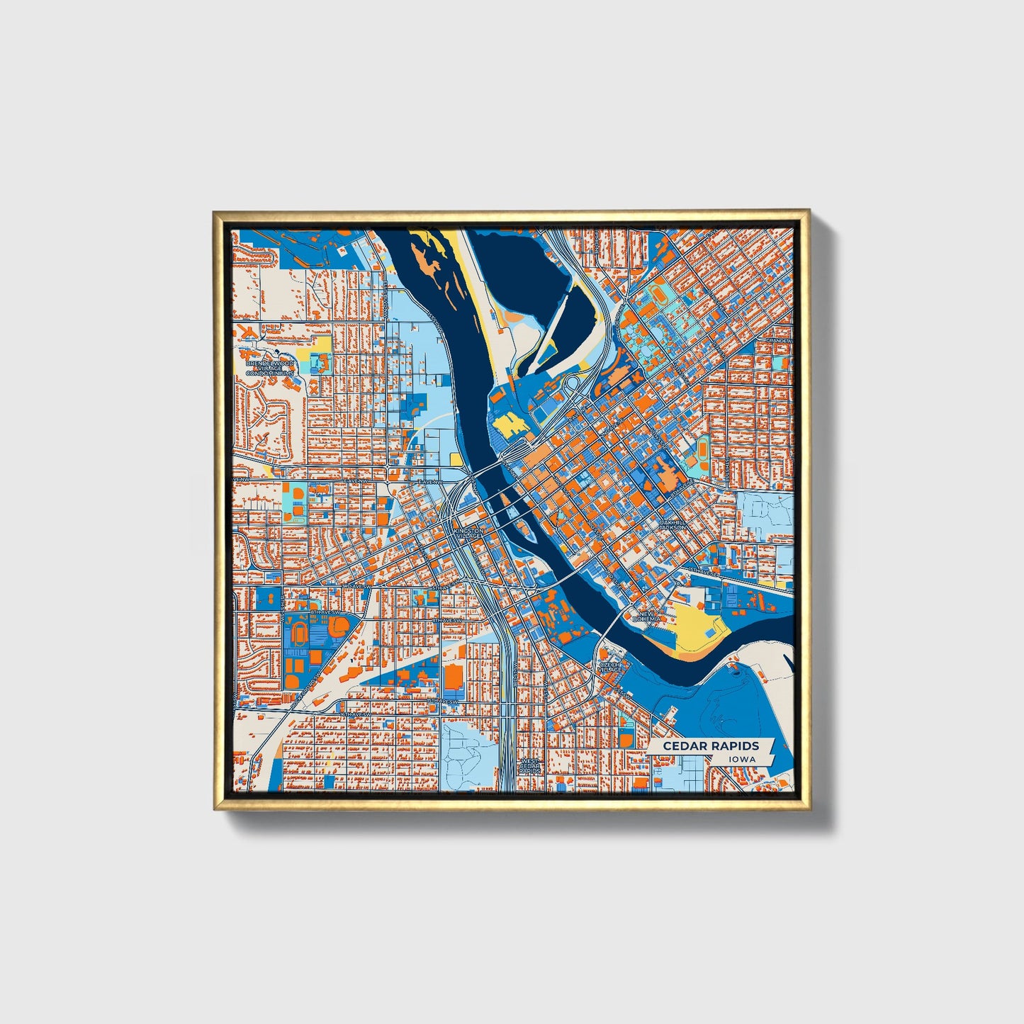 Cedar Rapids Iowa Colorful City Map Canvas Print • Gold Framed