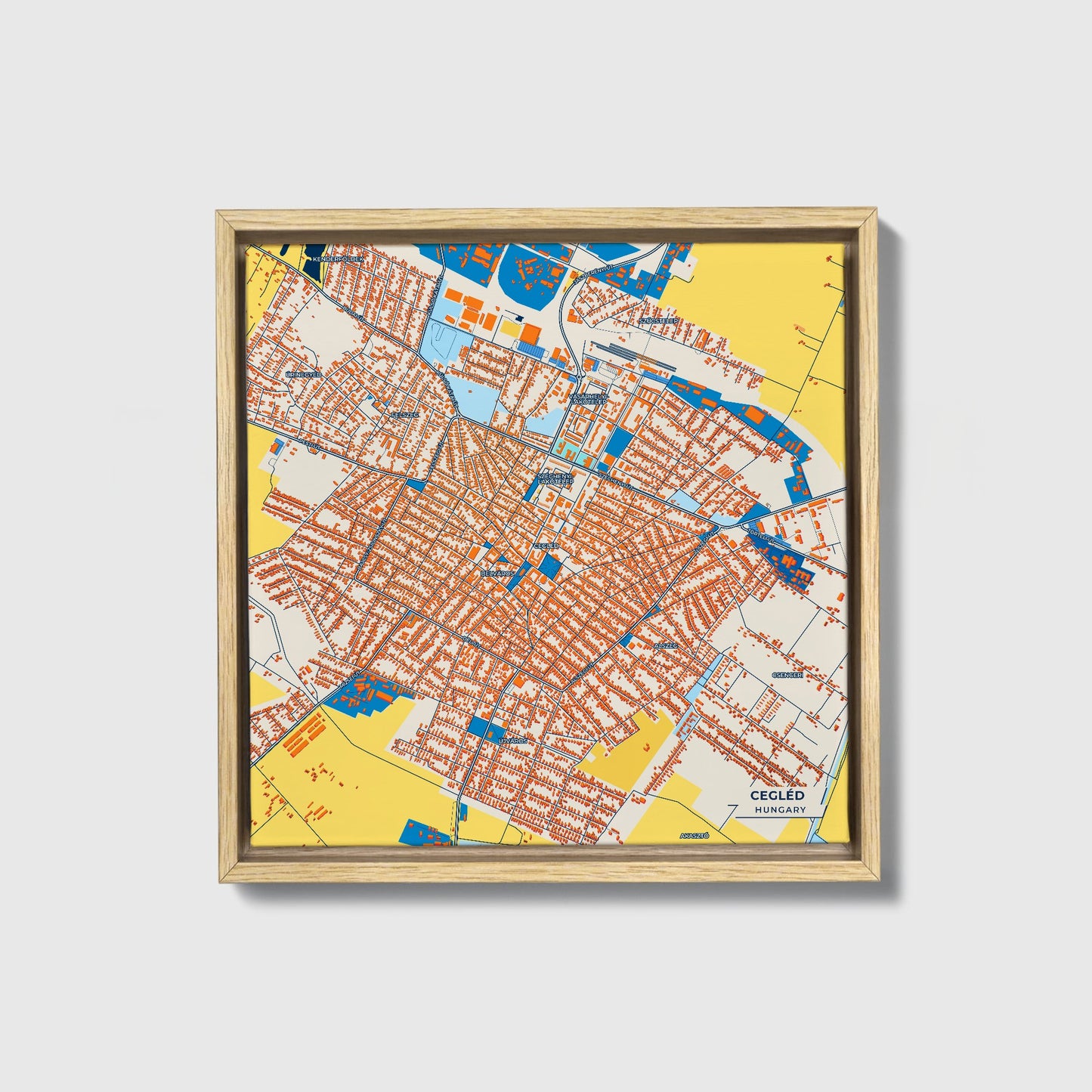 Cegléd Hungary Colorful City Map Canvas Print • Natural Wooden Framed