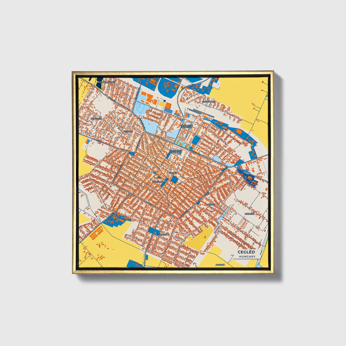 Cegléd Hungary Colorful City Map Canvas Print • Gold Framed