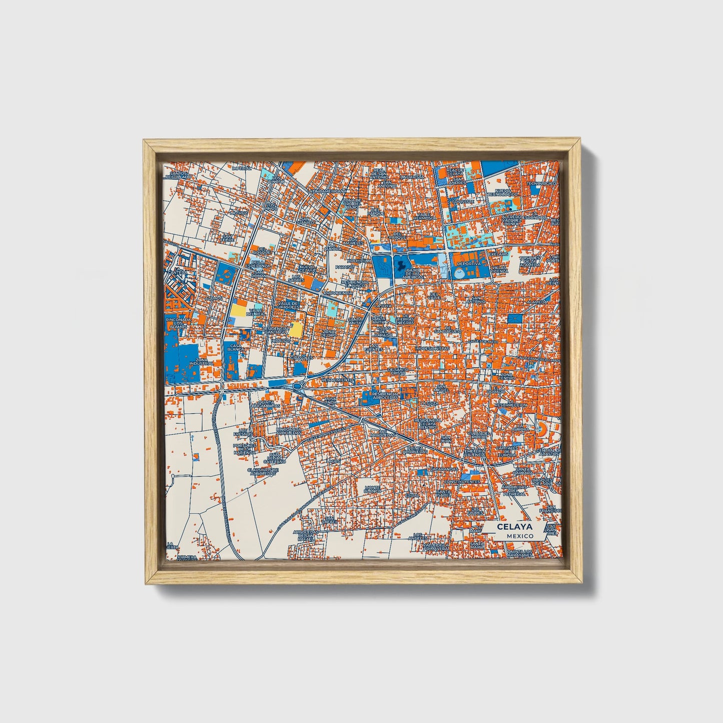 Celaya Mexico Colorful City Map Canvas Print • Natural Wooden Framed