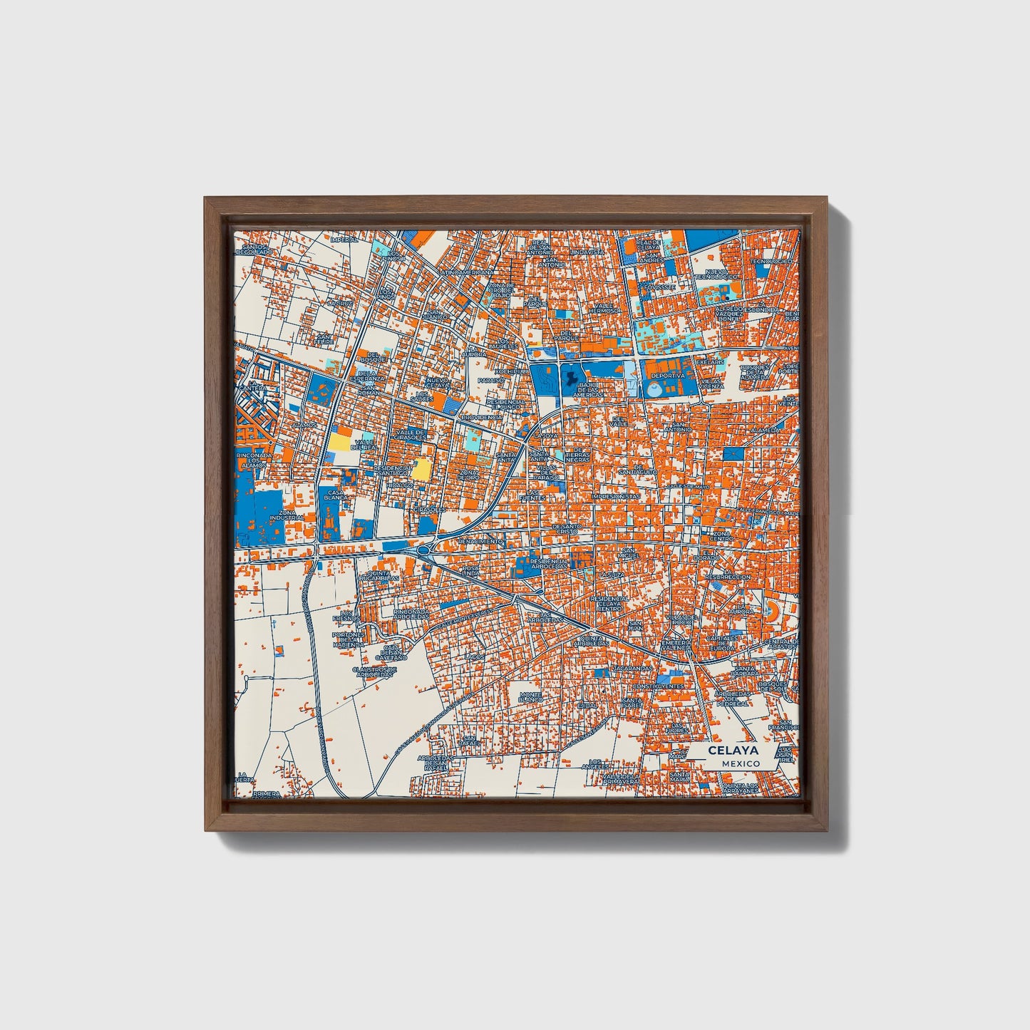 Celaya Mexico Colorful City Map Canvas Print • Dark Wooden Framed