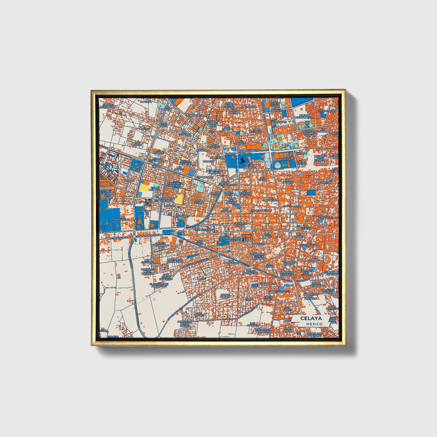 Celaya Mexico Colorful City Map Canvas Print • Gold Framed