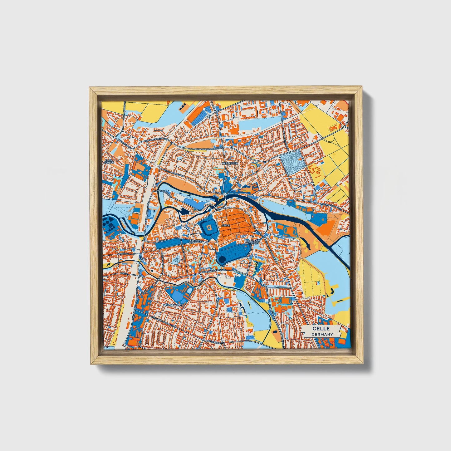 Celle Germany Colorful City Map Canvas Print • Natural Wooden Framed