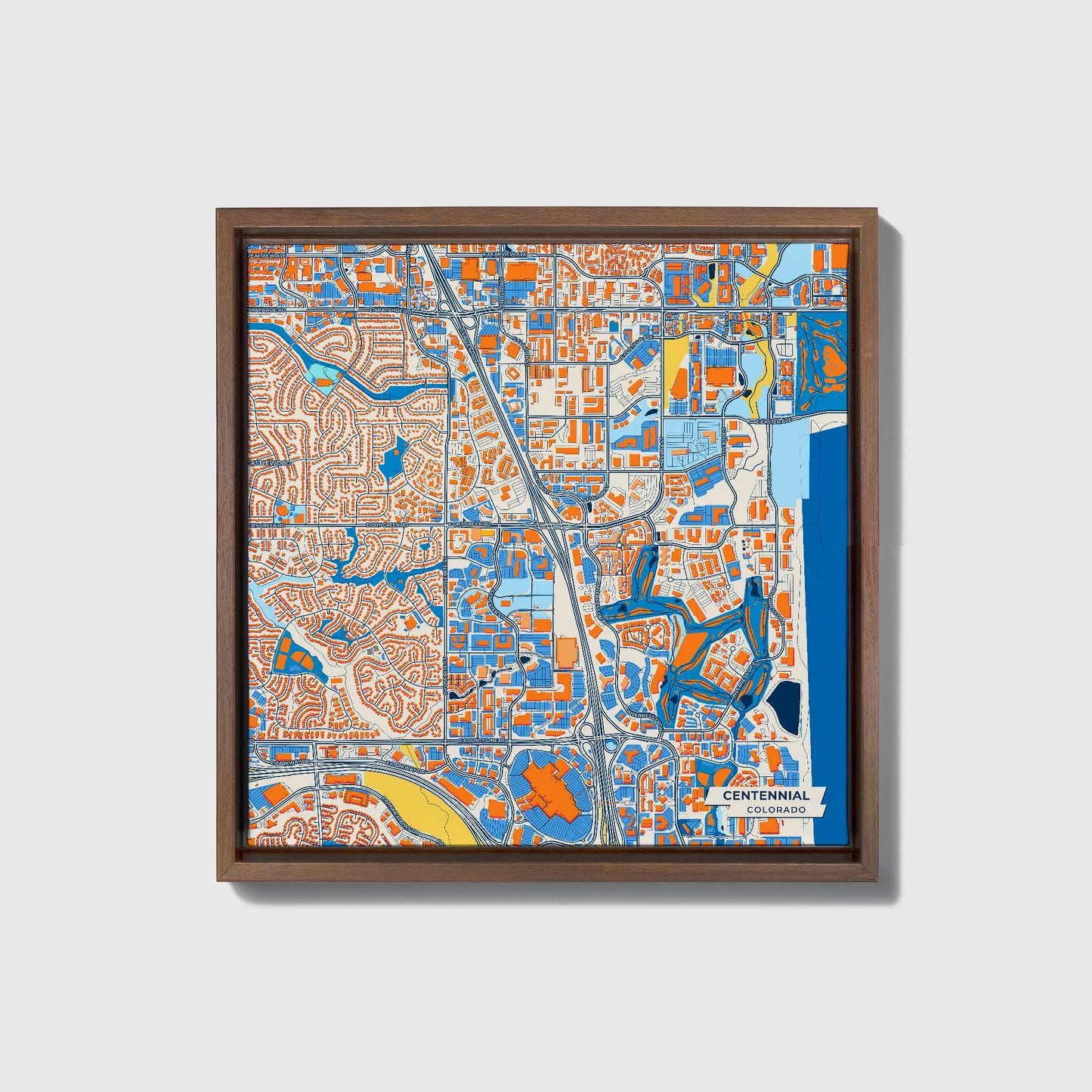 Centennial Colorado Colorful City Map Canvas Print • Dark Wooden Framed