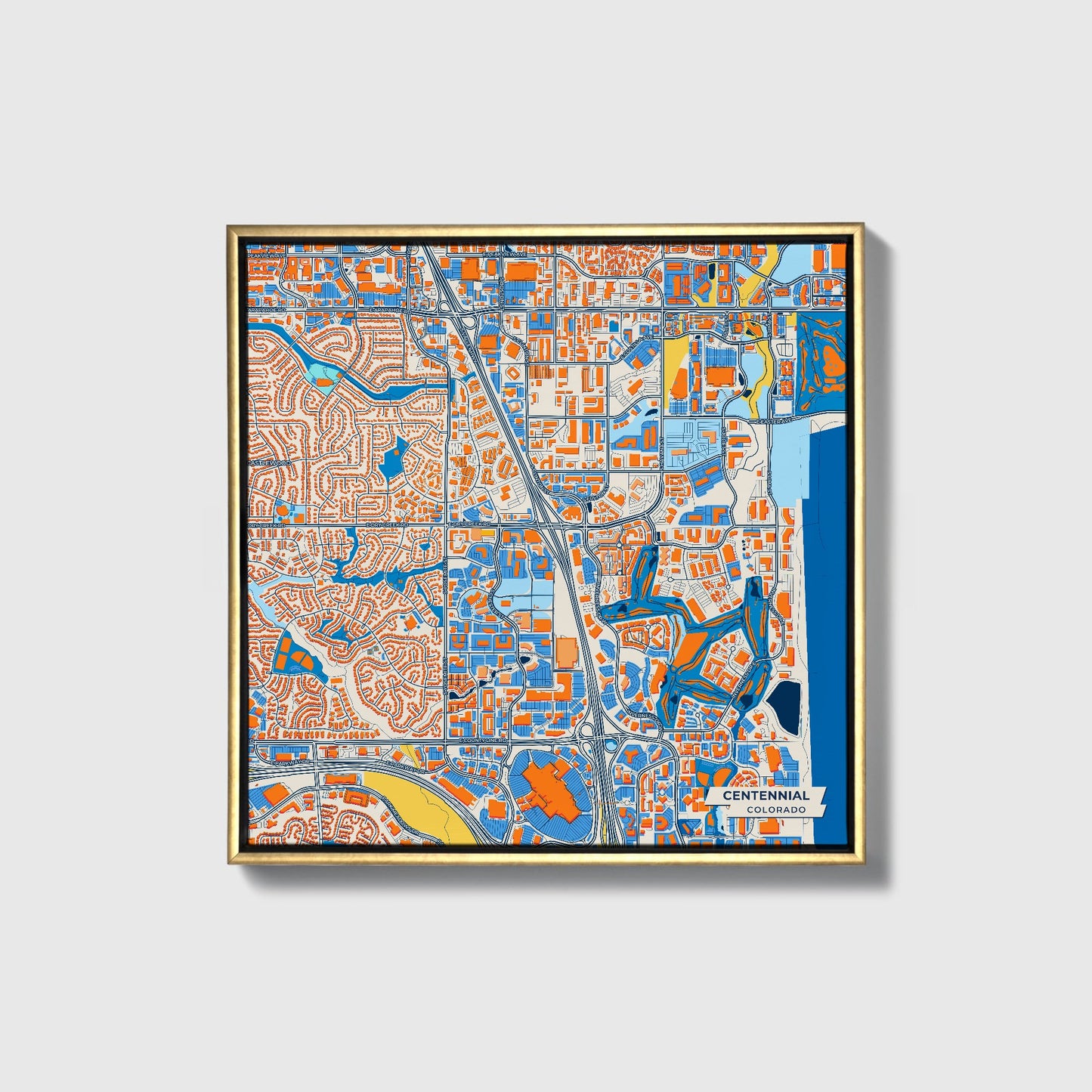 Centennial Colorado Colorful City Map Canvas Print • Gold Framed