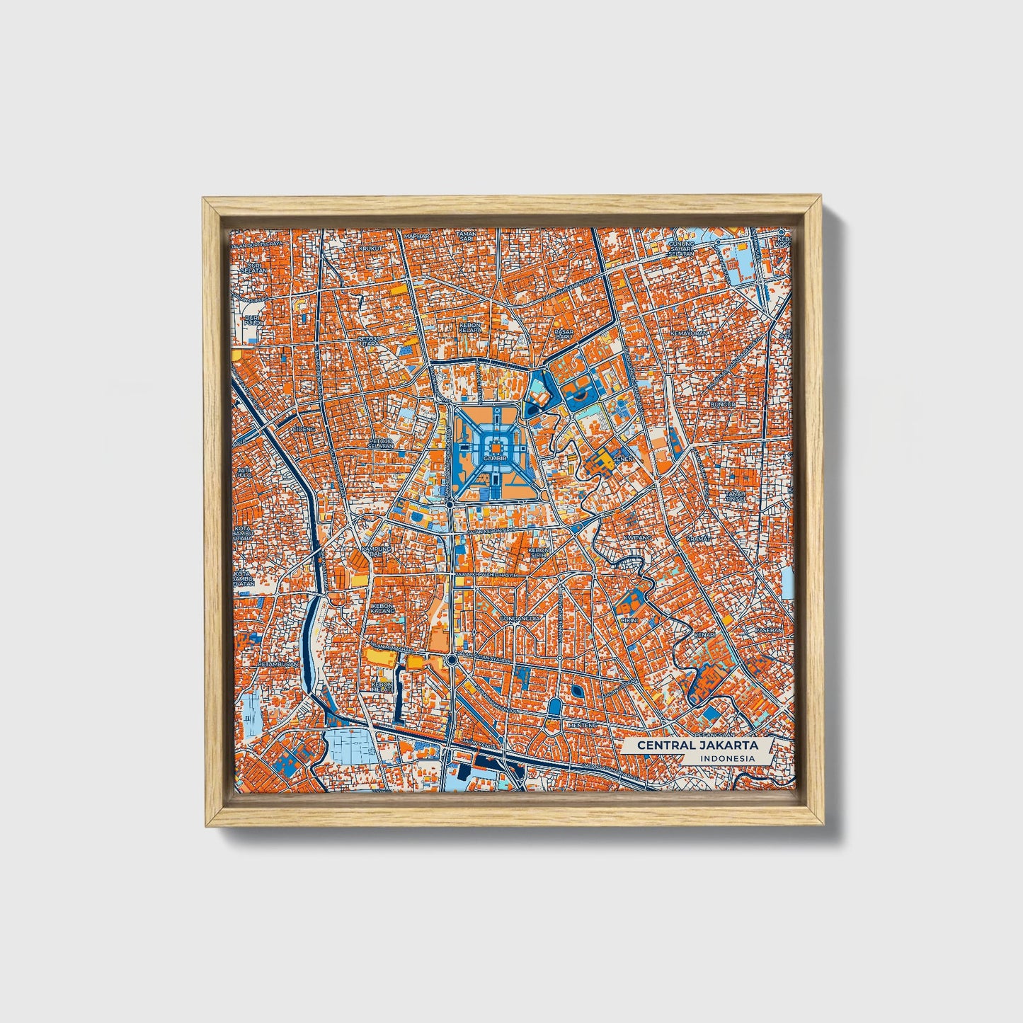 Central Jakarta Indonesia Colorful City Map Canvas Print • Natural Wooden Framed
