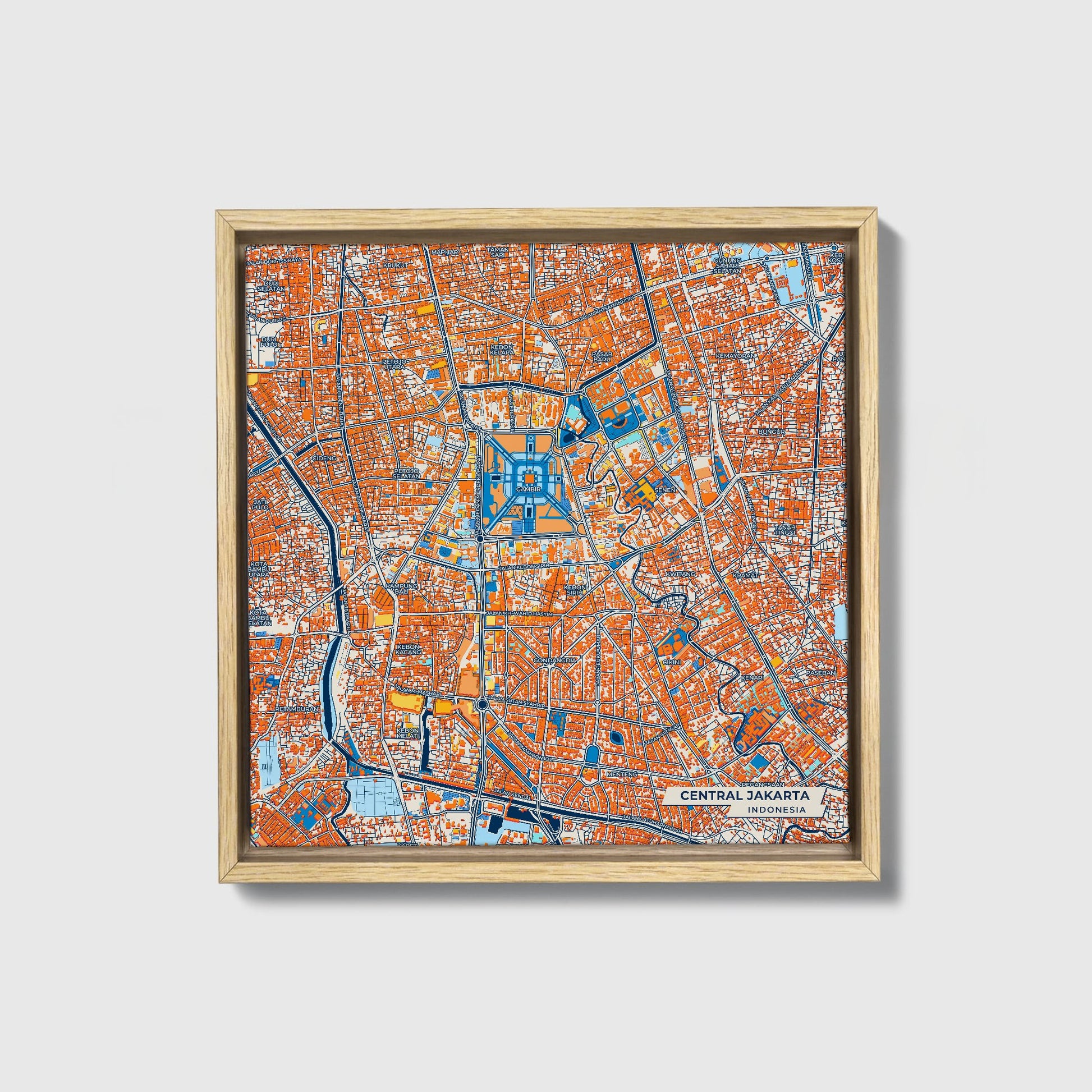 Central Jakarta Indonesia Colorful City Map Canvas Print • Natural Wooden Framed