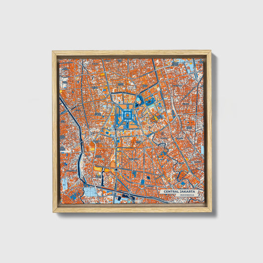 Central Jakarta Indonesia Colorful City Map Canvas Print • Natural Wooden Framed