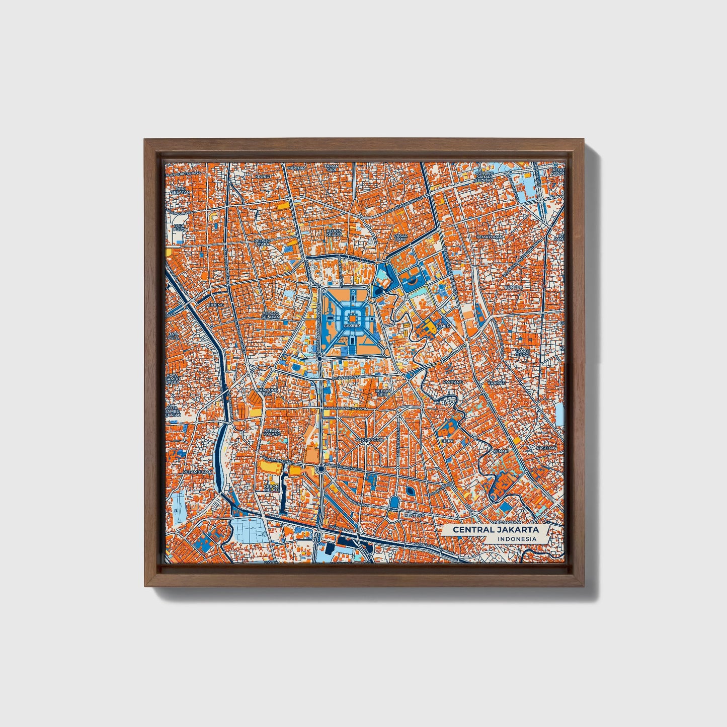 Central Jakarta Indonesia Colorful City Map Canvas Print • Dark Wooden Framed