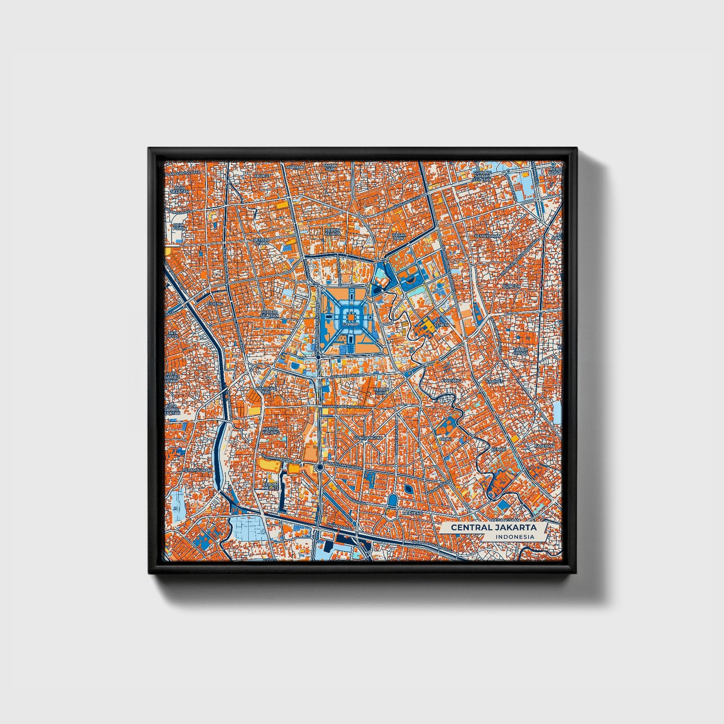 Central Jakarta Indonesia Colorful City Map Canvas Print • Black Framed
