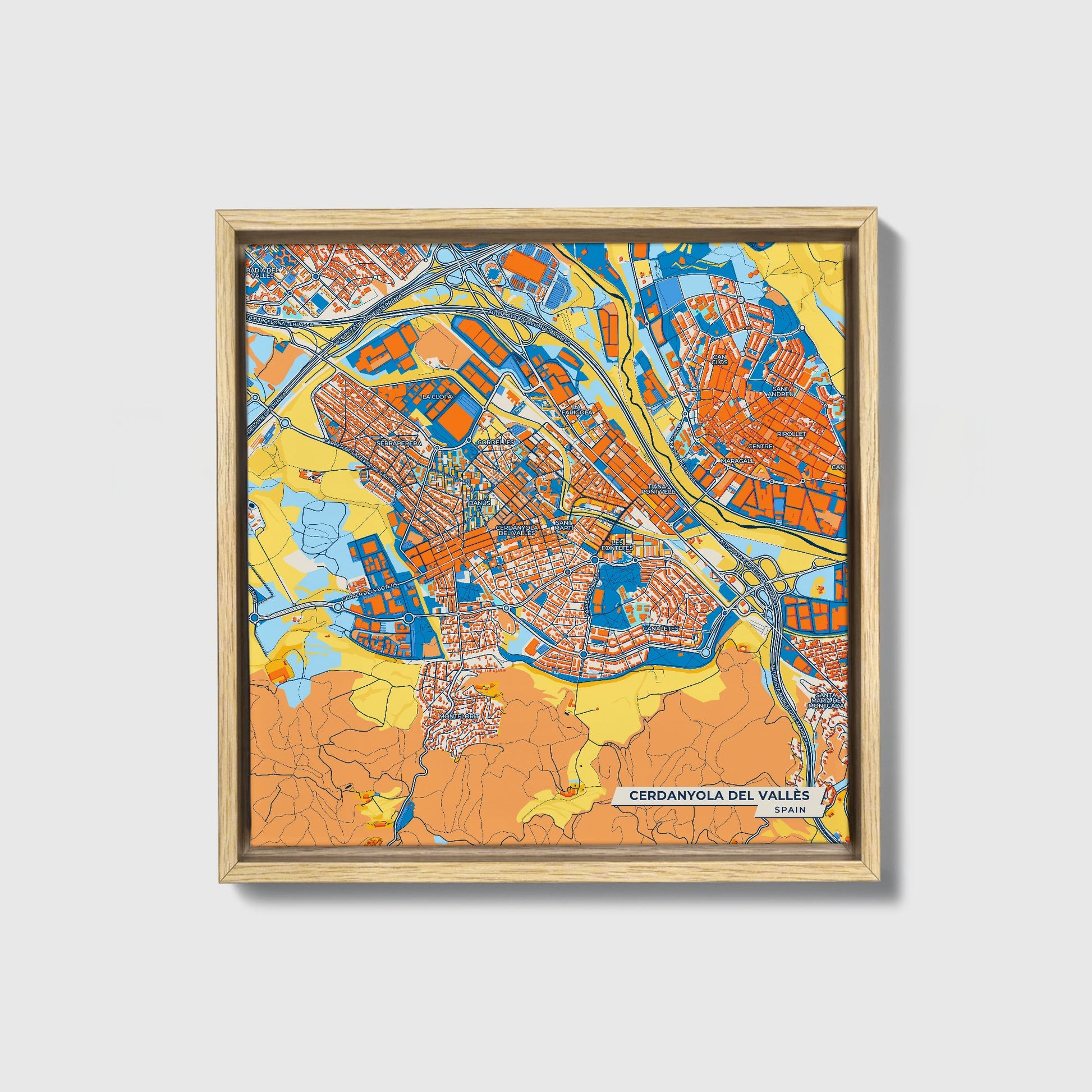 Cerdanyola Del Vallès Spain Colorful City Map Canvas Print • Natural Wooden Framed