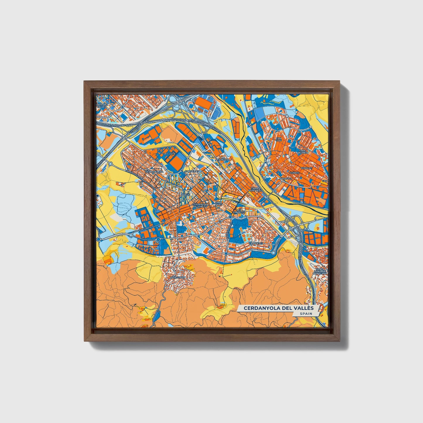Cerdanyola Del Vallès Spain Colorful City Map Canvas Print • Dark Wooden Framed